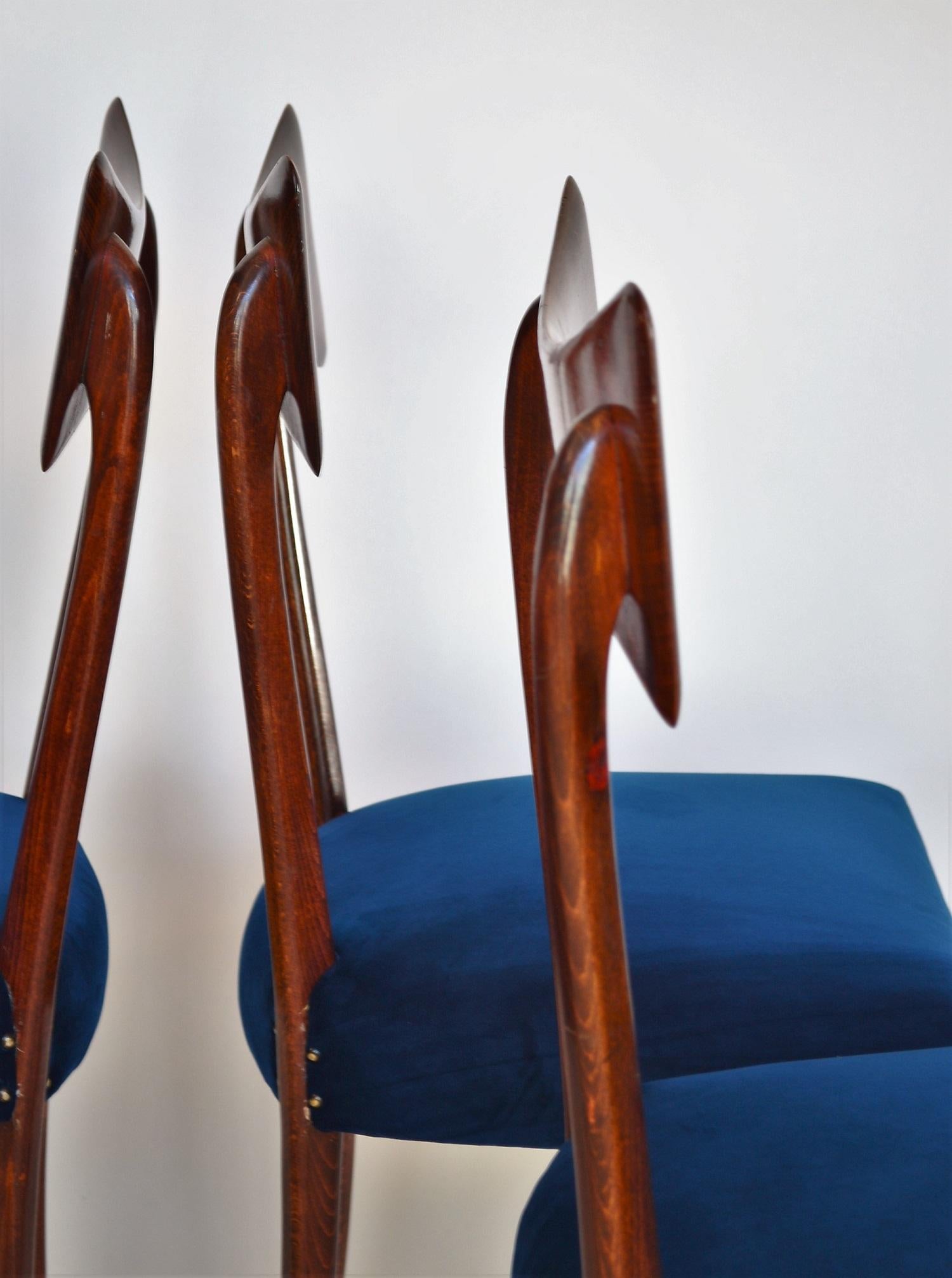 Italian Midcentury Beechwood Dining Chairs Restored in Blue Velvet, 1950s 5