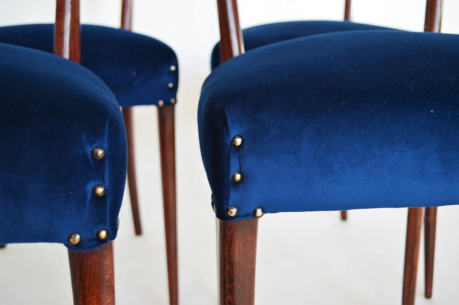 Italian Midcentury Beechwood Dining Chairs Restored in Blue Velvet, 1950s 6