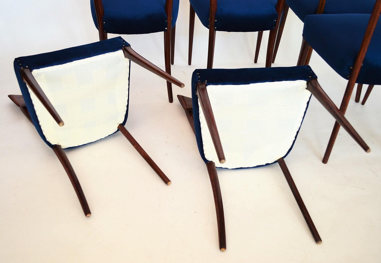 Italian Midcentury Beechwood Dining Chairs Restored in Blue Velvet, 1950s 13