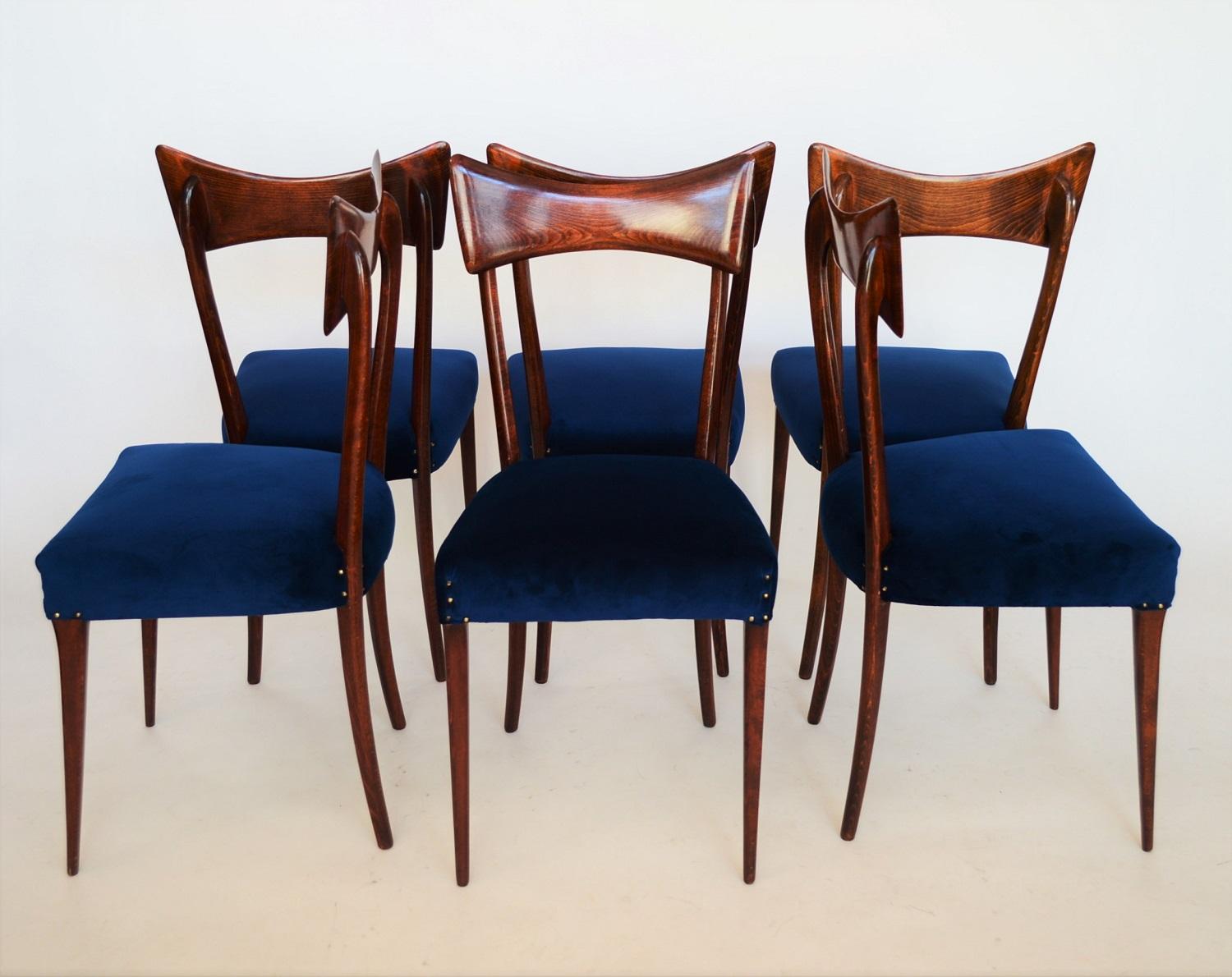 Italian Midcentury Beechwood Dining Chairs Restored in Blue Velvet, 1950s In Good Condition In Morazzone, Varese