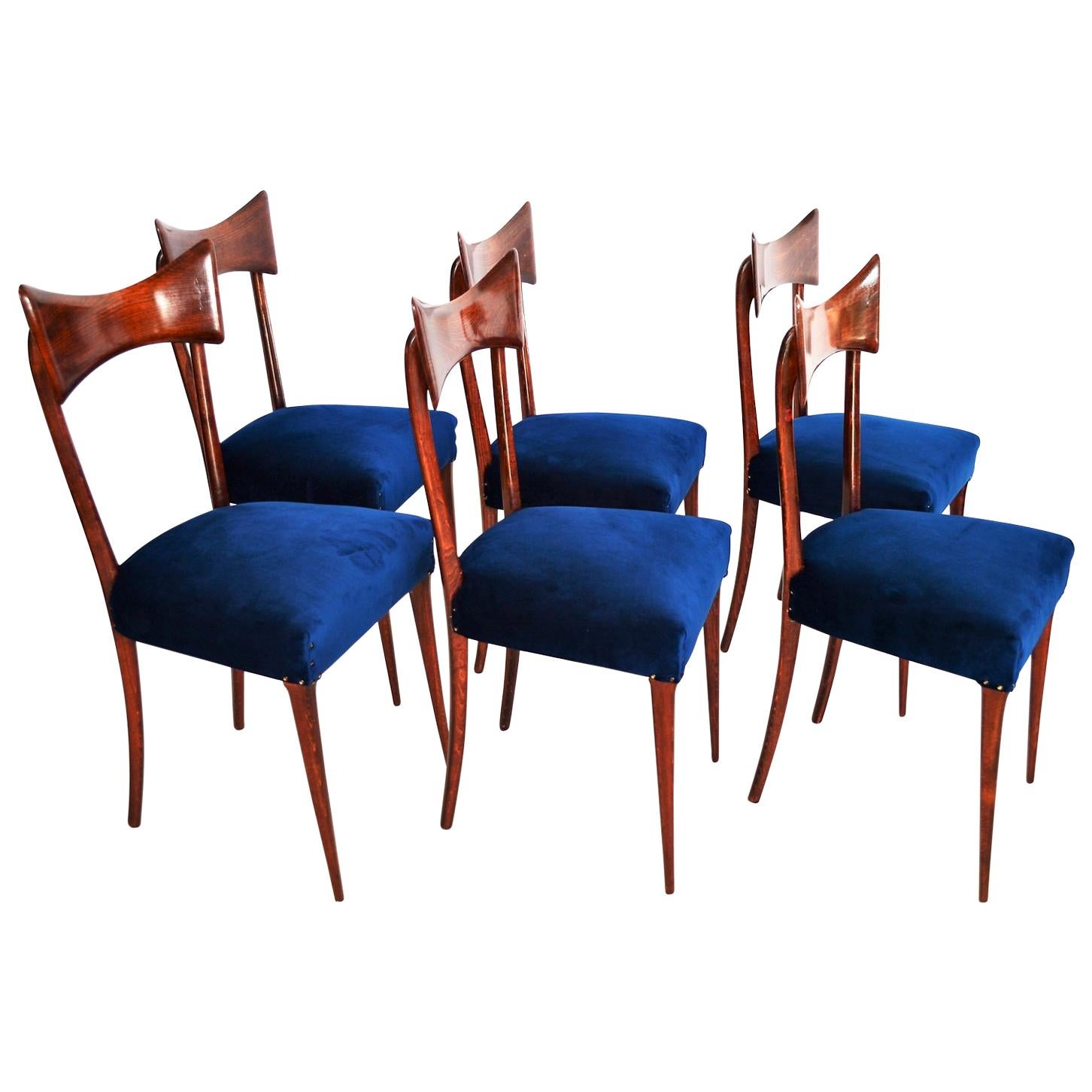 Italian Midcentury Beechwood Dining Chairs Restored in Blue Velvet, 1950s