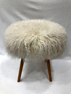 Italian Midcentury Bench Covered with White Mongolian Fur on Beechwood Legs