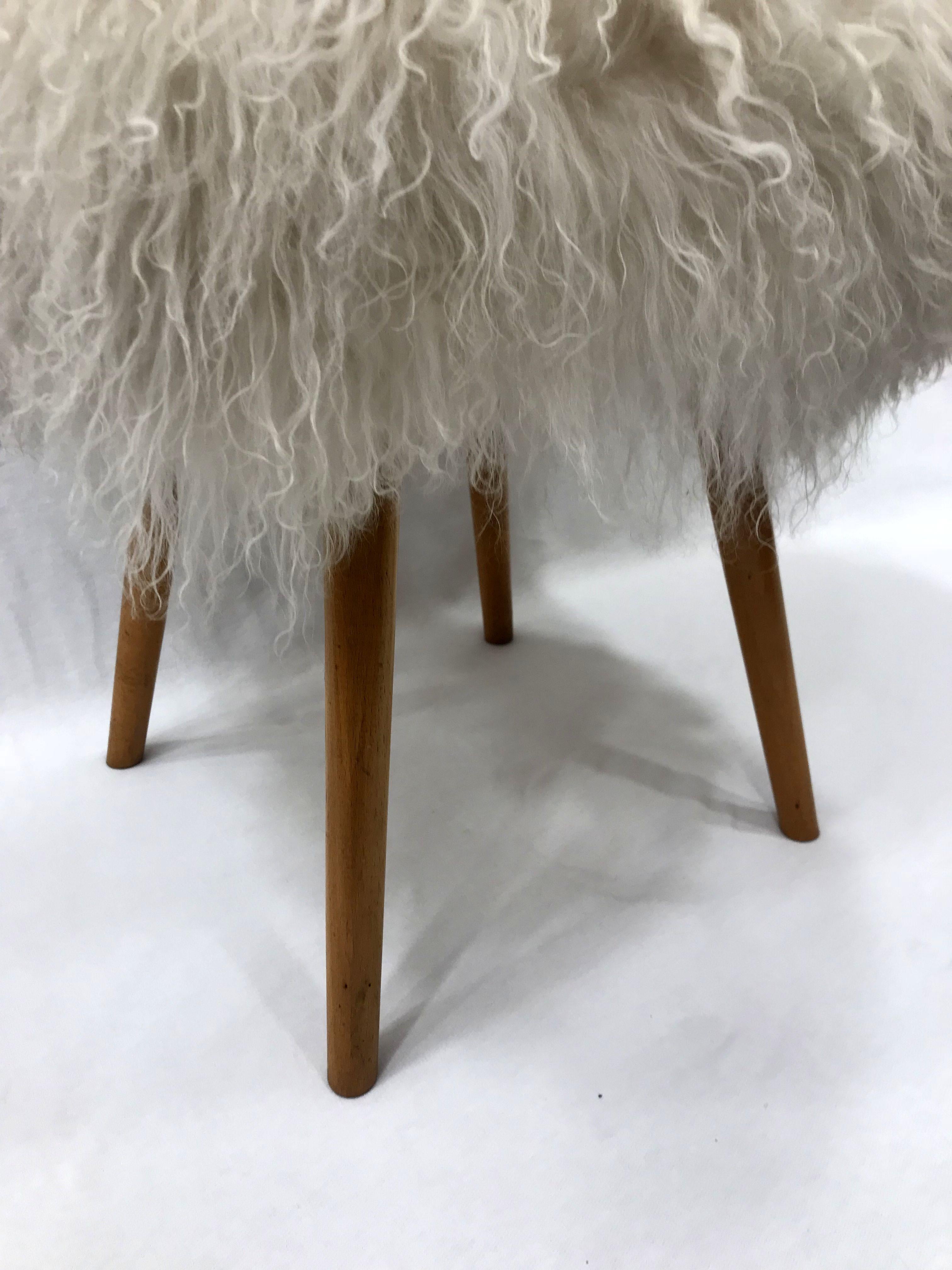 Polished Italian Midcentury Bench Covered with White Mongolian Fur on Beechwood Legs For Sale