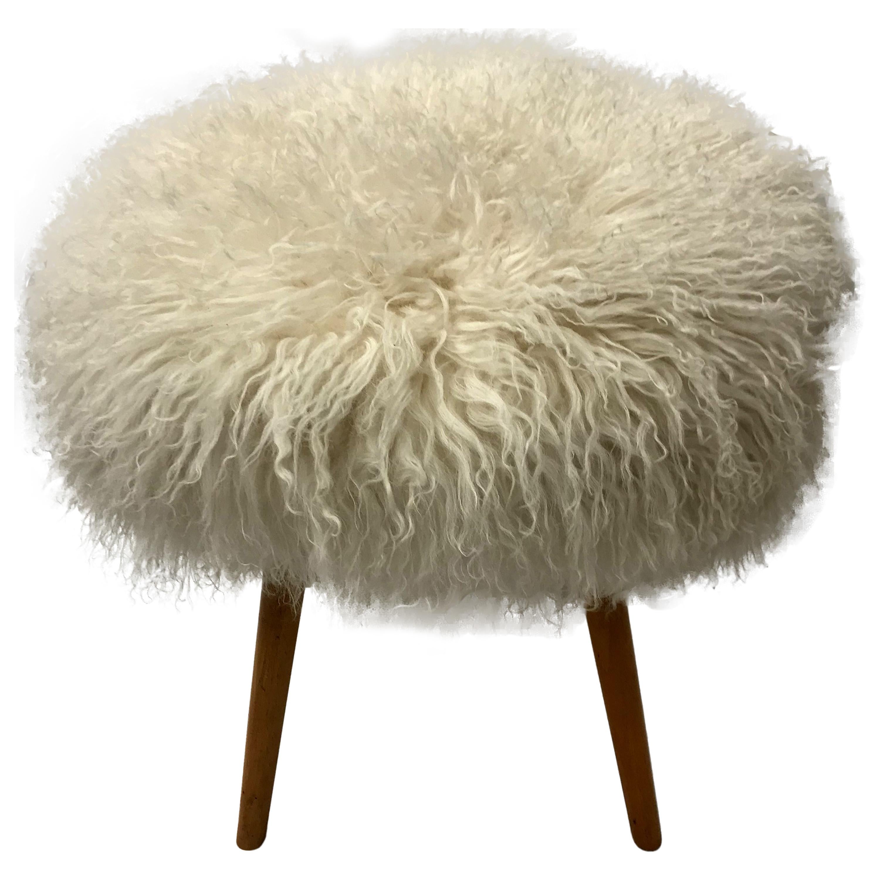 Italian Midcentury Bench Covered with White Mongolian Fur on Beechwood Legs For Sale
