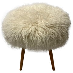 Vintage Italian Midcentury Bench Covered with White Mongolian Fur on Beechwood Legs