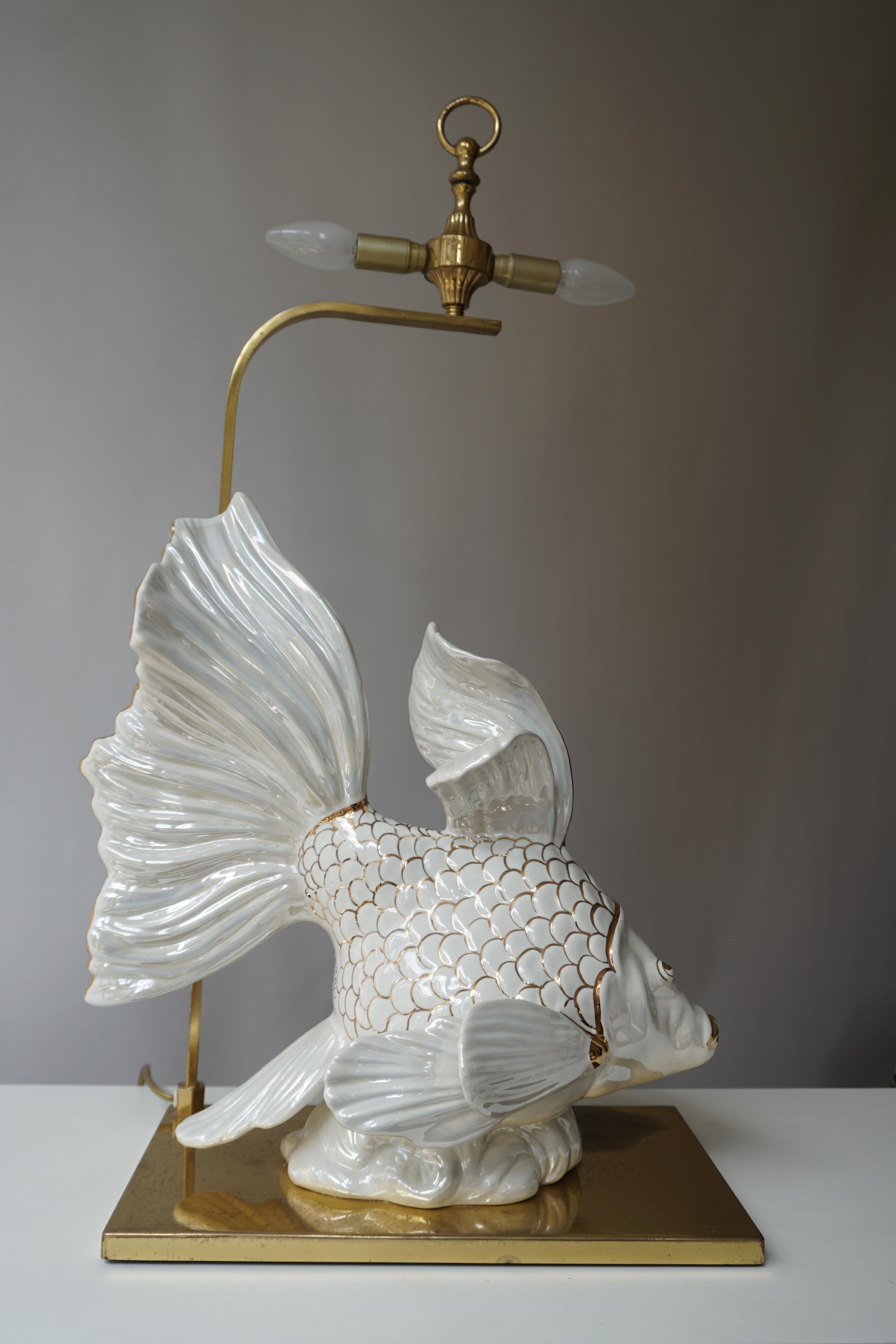 Mid-Century Modern Italian Midcentury Big Ceramic Fish Lamp with Brass Details, 1970s For Sale