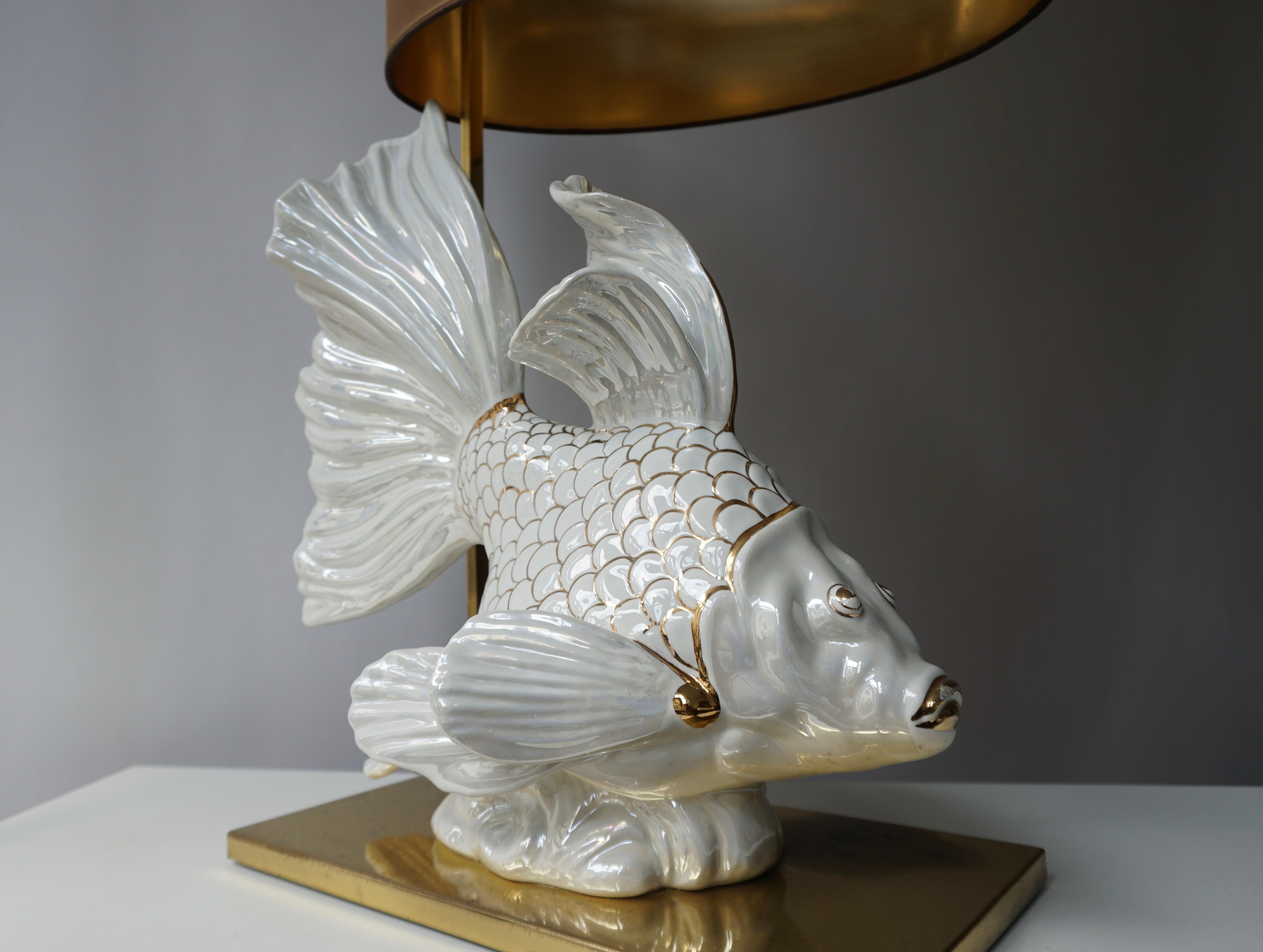 Gilt Italian Midcentury Big Ceramic Fish Lamp with Brass Details, 1970s For Sale