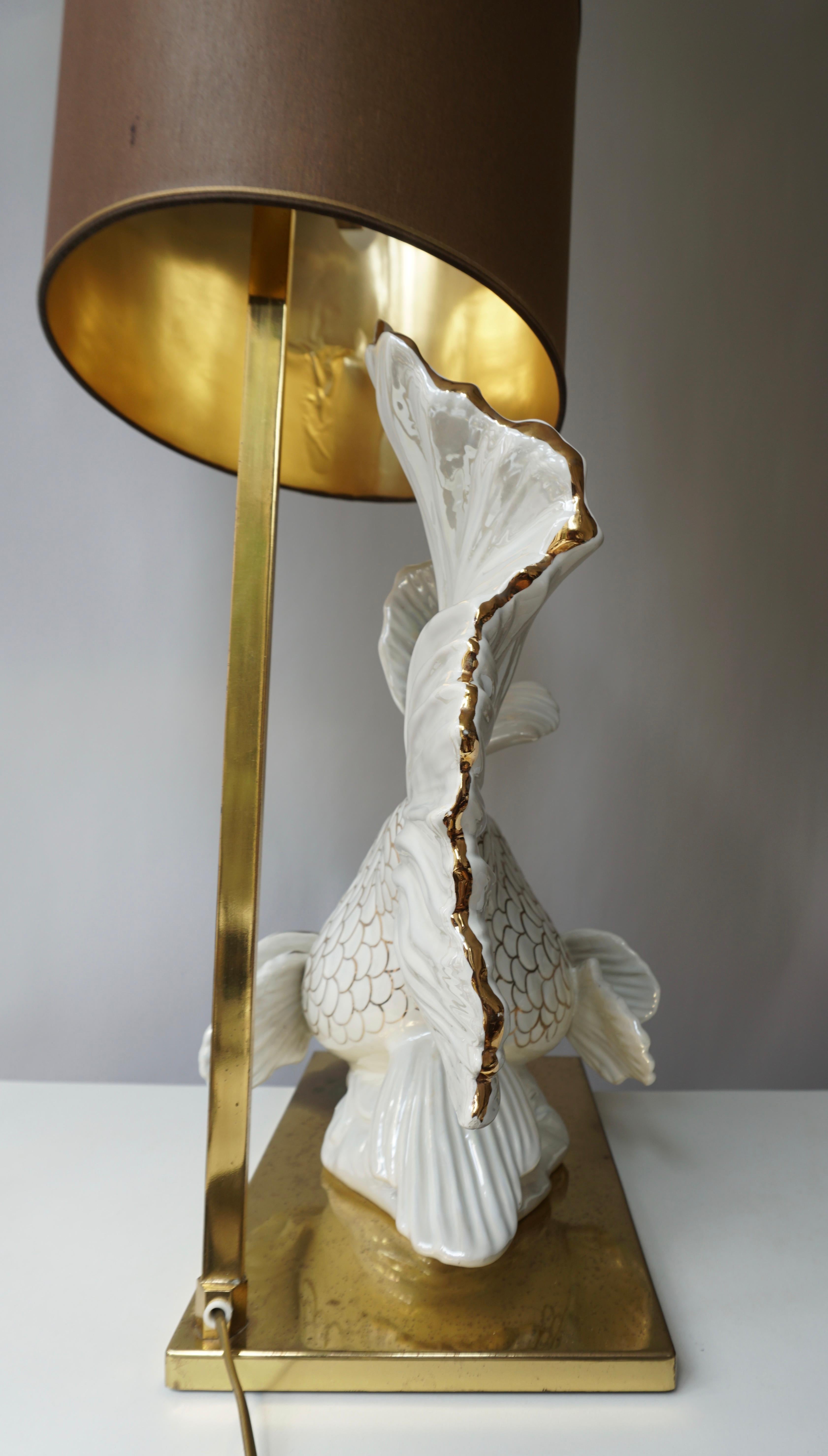 20th Century Italian Midcentury Big Ceramic Fish Lamp with Brass Details, 1970s For Sale