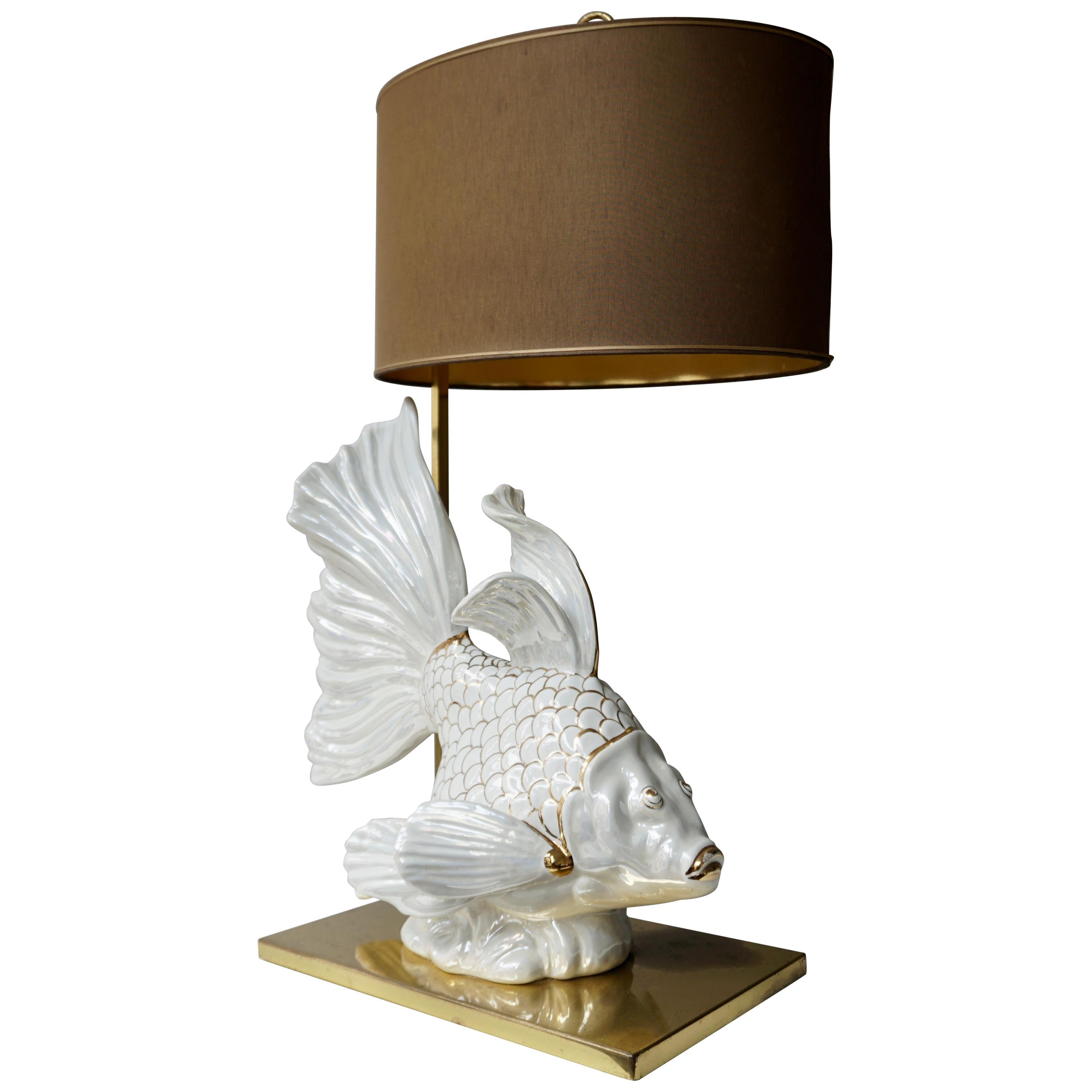 Italian Midcentury Big Ceramic Fish Lamp with Brass Details, 1970s