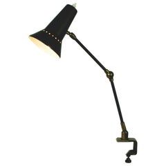 Italian Midcentury Black and Brass Adjustable Clamp Desk Lamp by Stilnovo