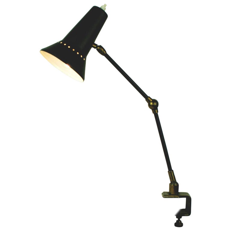 Italian Midcentury Black And Brass Adjustable Clamp Desk Lamp By