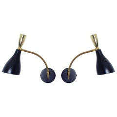 Italian Midcentury Black and Brass Sputnik Gooseneck Sconces Wall Lights, 1950s