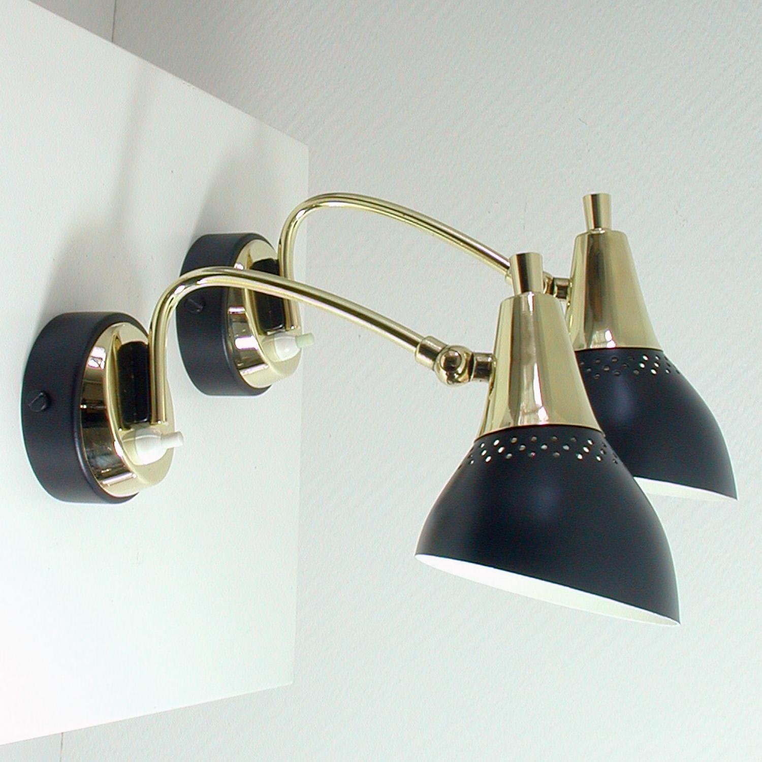 Mid-Century Modern Italian Midcentury Black and Brass Sputnik Sconces Wall Lights, 1950s