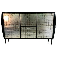 Italian Midcentury Black and Silver Leaf Cabinet , 1950s