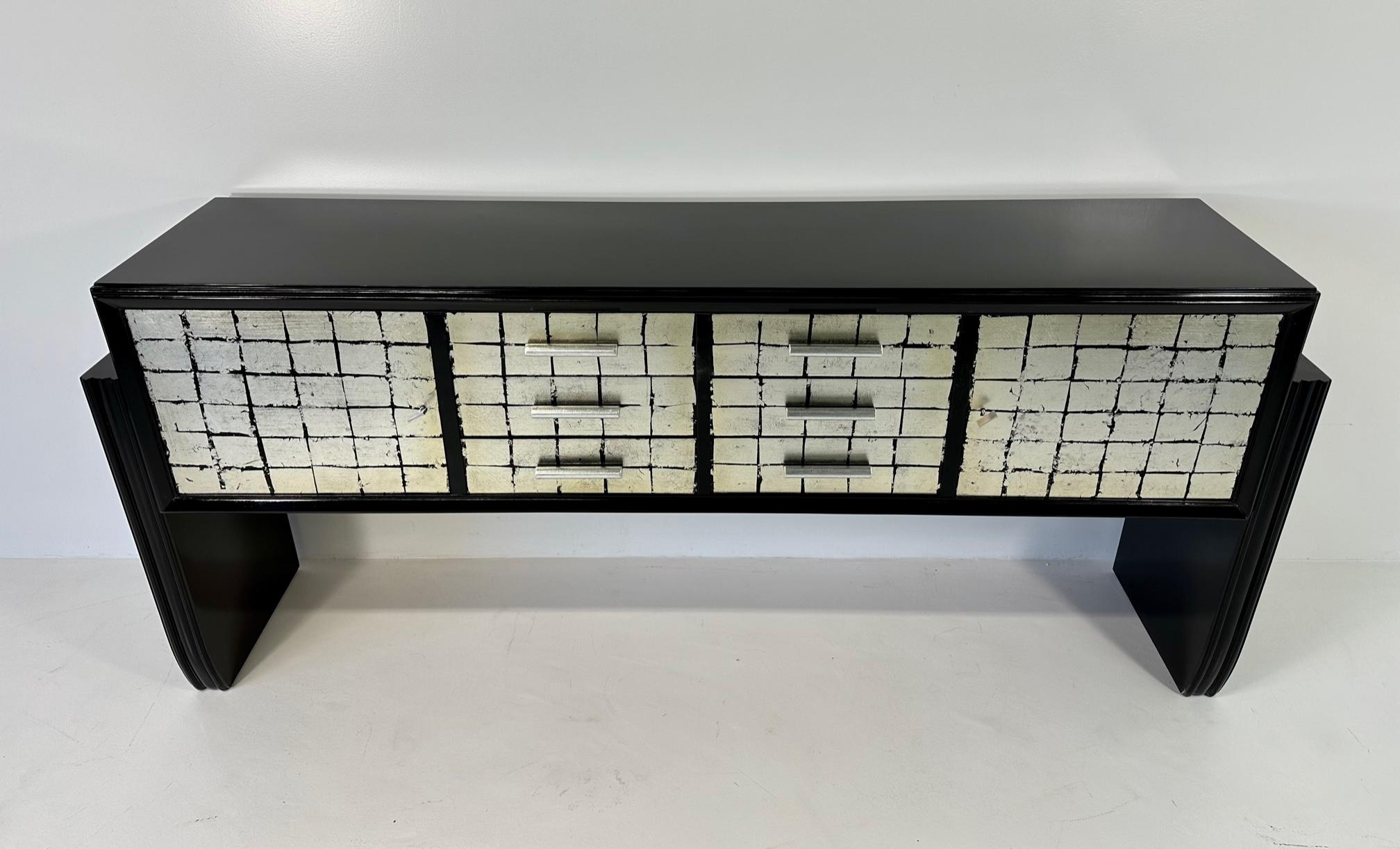 Art Deco Italian Midcentury Black and Silver Leaf Sideboard, 1950s For Sale