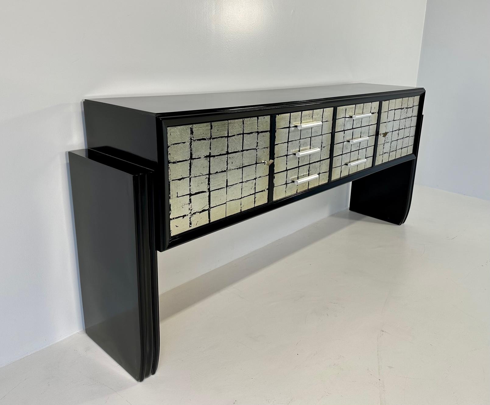 Mid-20th Century Italian Midcentury Black and Silver Leaf Sideboard, 1950s For Sale