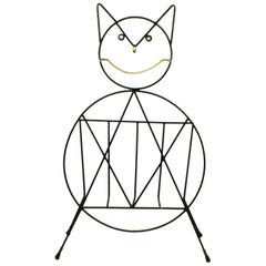 Italian Midcentury Black Iron and Brass Cat Magazine Rack