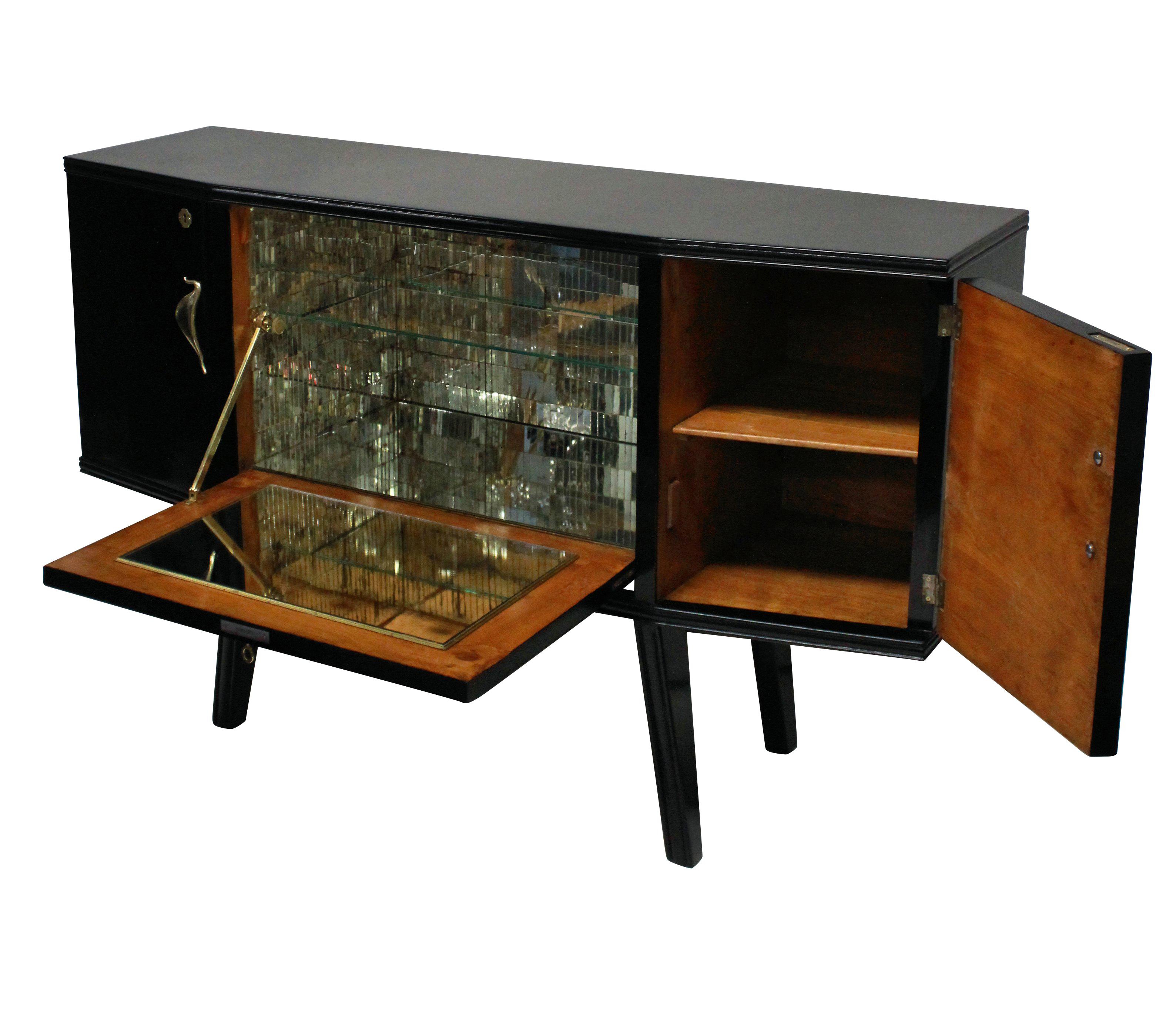 Beech Italian Midcentury Black Lacquered Credenza with Bar