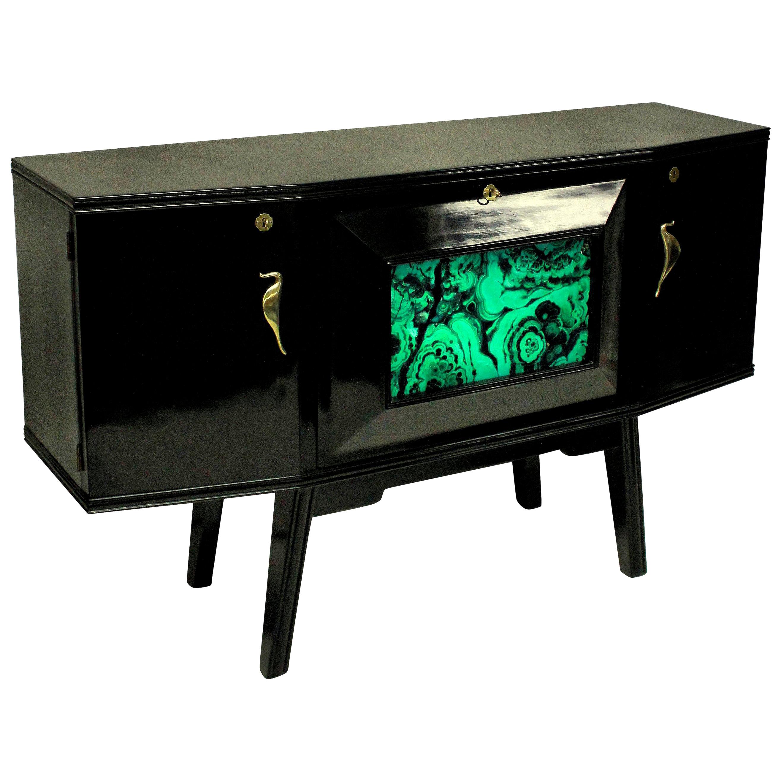Italian Midcentury Black Lacquered Credenza with Bar