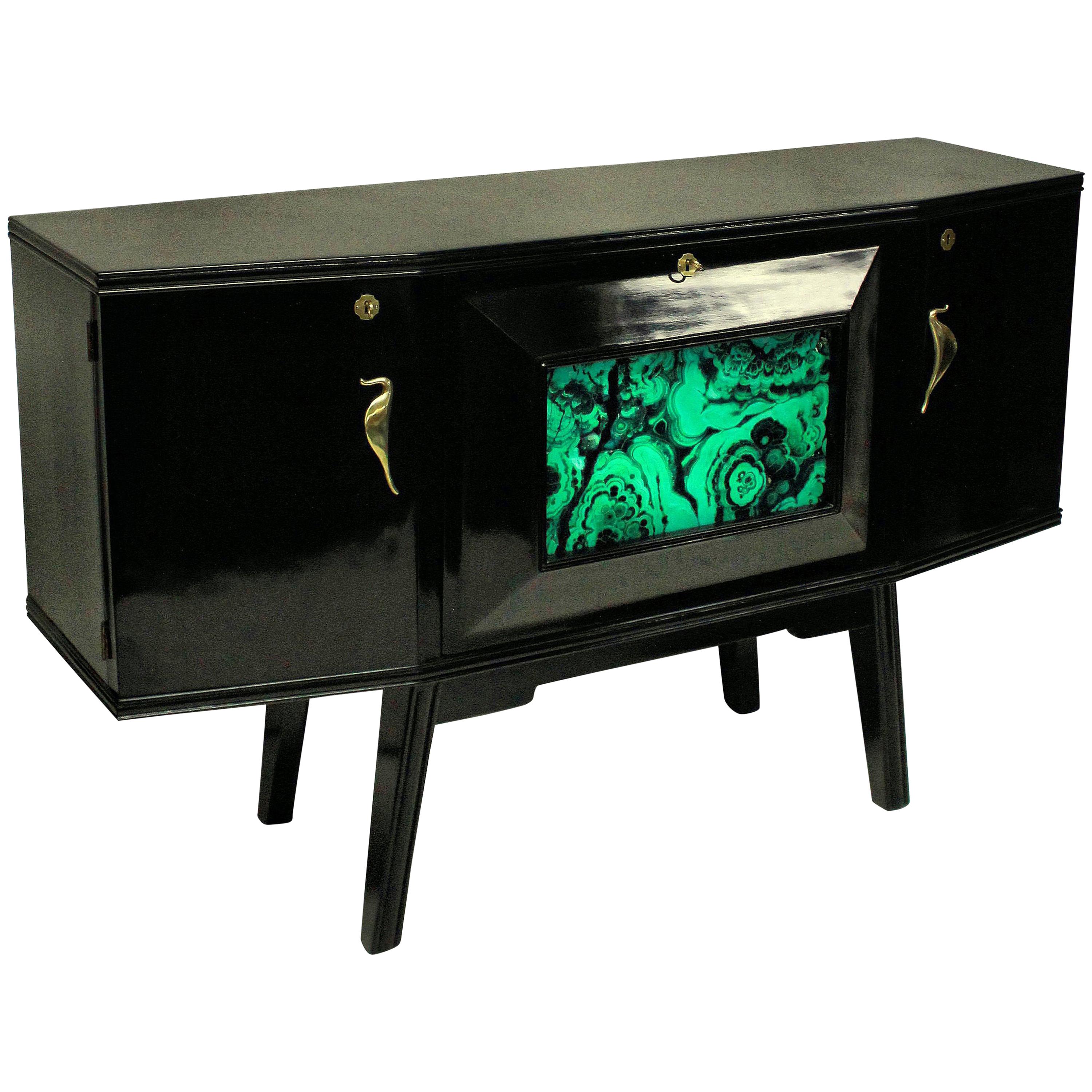 Italian Midcentury Black Lacquered Credenza with Bar