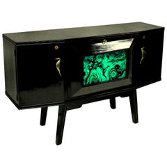 Italian Midcentury Black Lacquered Credenza with Bar