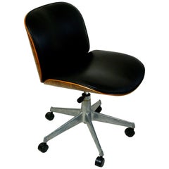 Vintage Italian Midcentury Black Leather and Oak Office Chair by Ico Parisi for Mim Roma