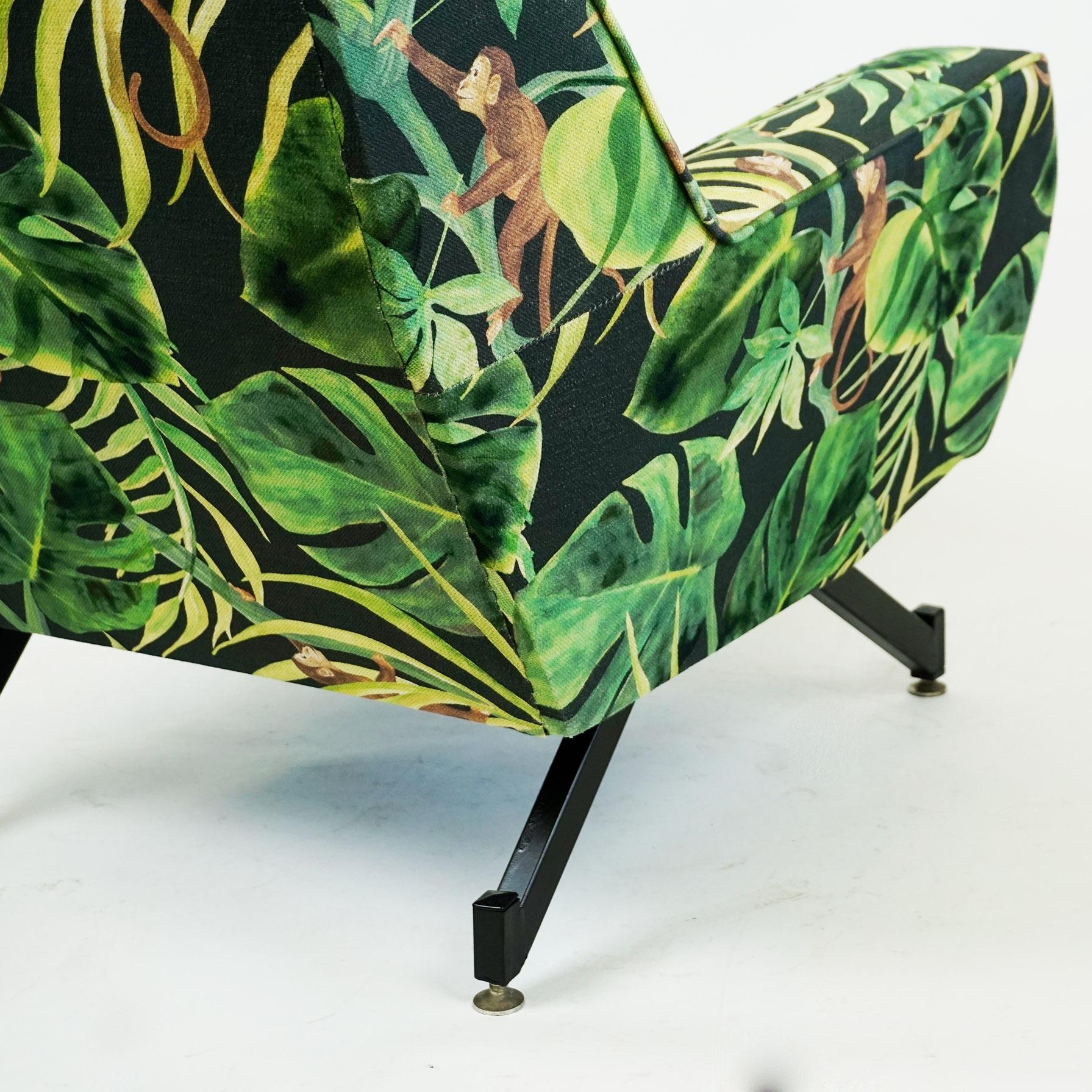 Italian Midcentury Black Metal and Green Floral and Ape Fabric Armchair 2