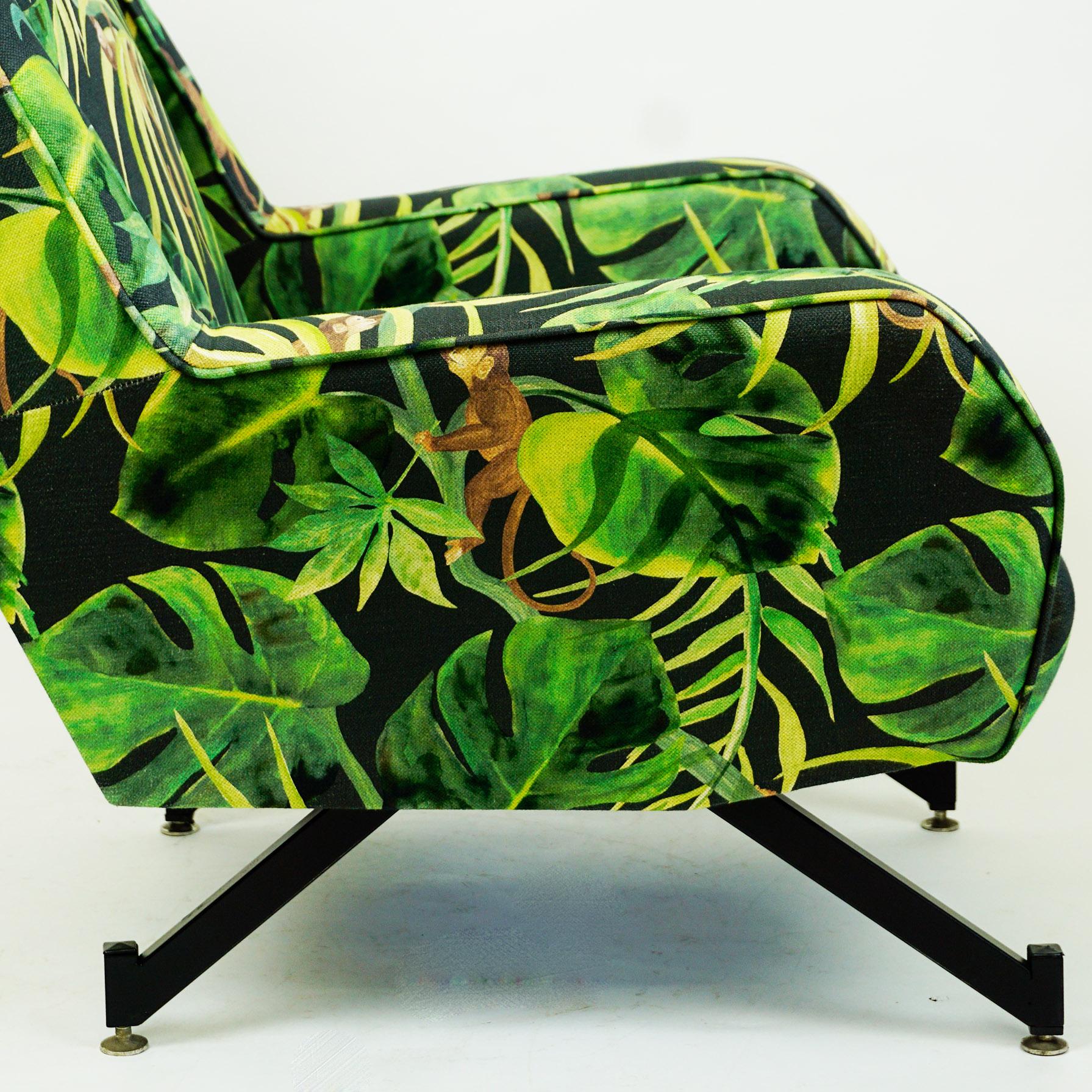 Italian Midcentury Black Metal and Green Floral and Ape Fabric Armchair 4