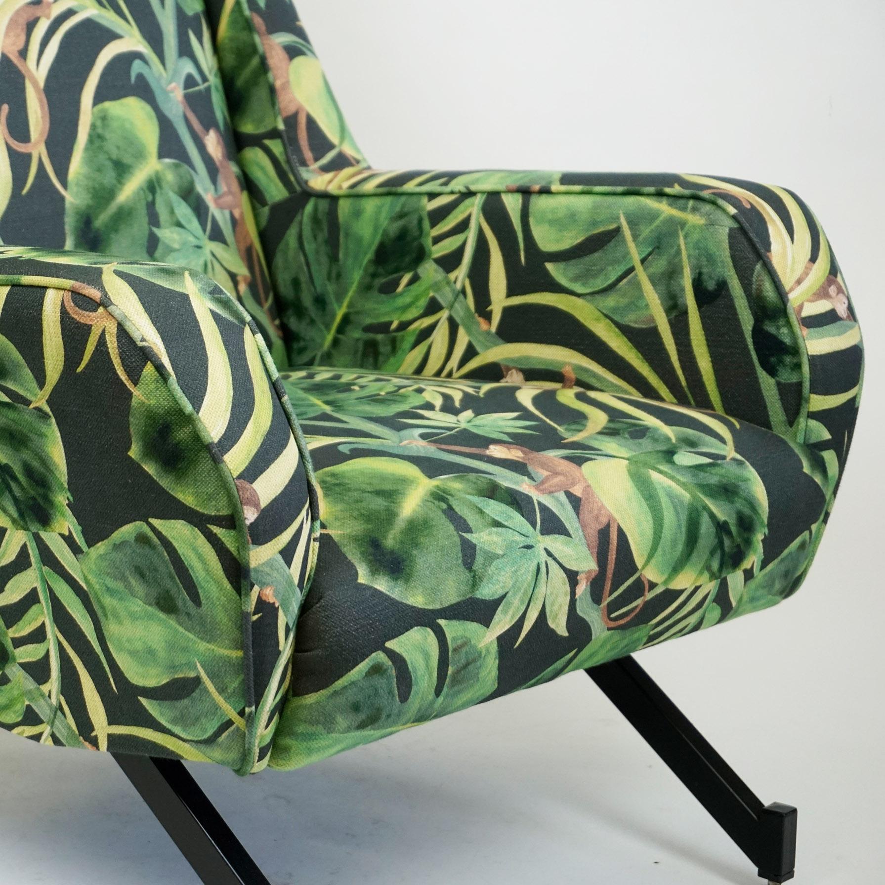 Italian Midcentury Black Metal and Green Floral and Ape Fabric Armchair 5