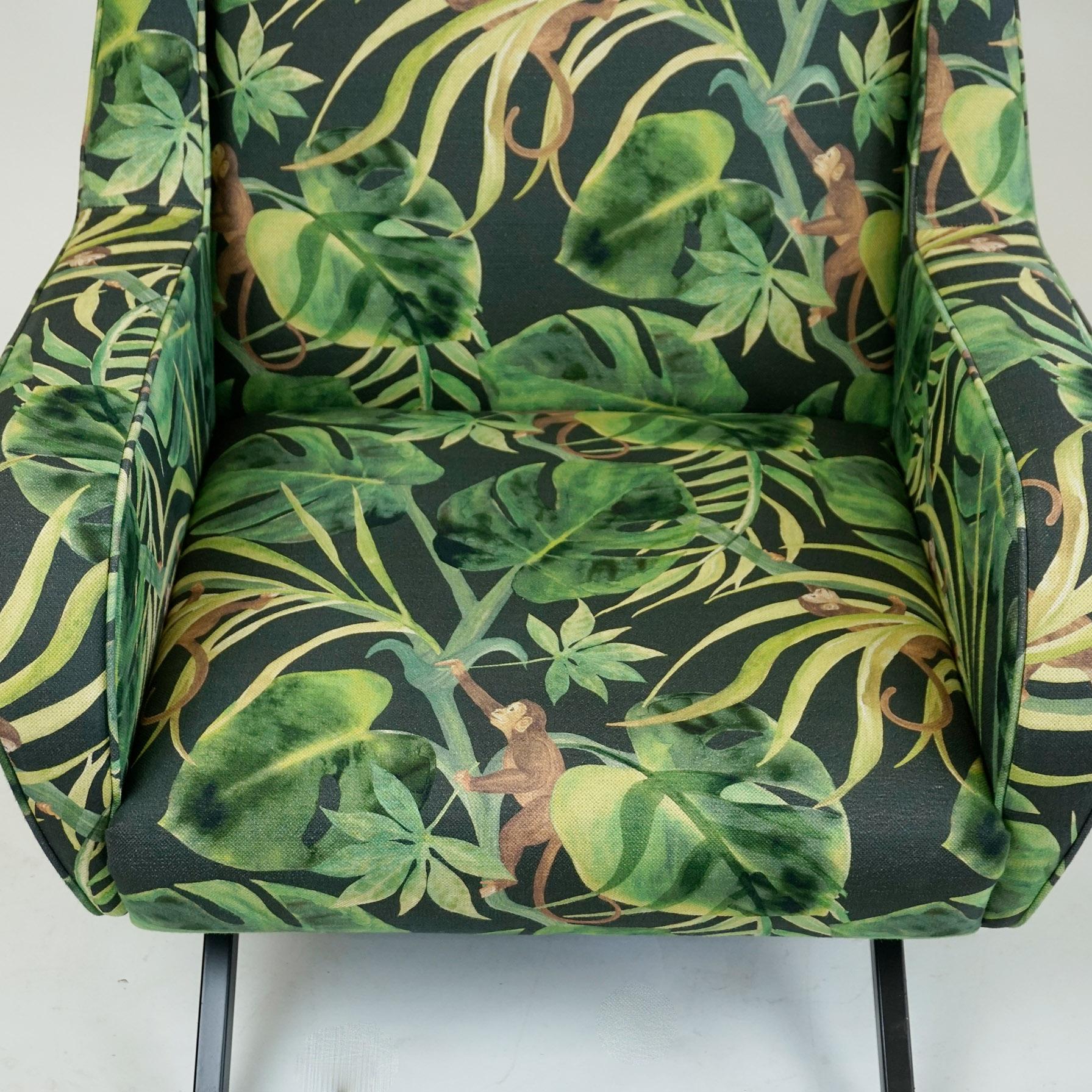 Italian Midcentury Black Metal and Green Floral and Ape Fabric Armchair