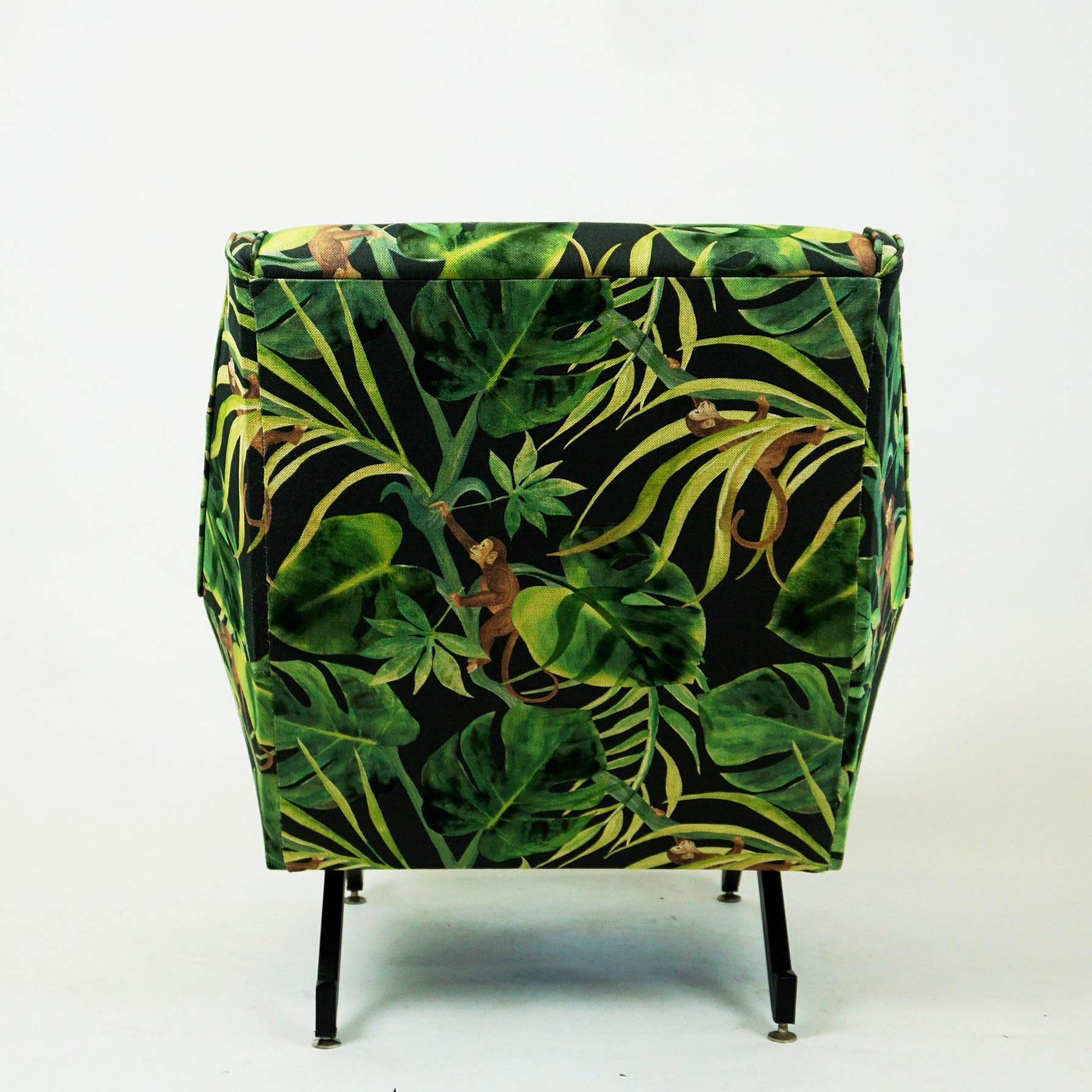 Mid-Century Modern Italian Midcentury Black Metal and Green Floral and Ape Fabric Armchair