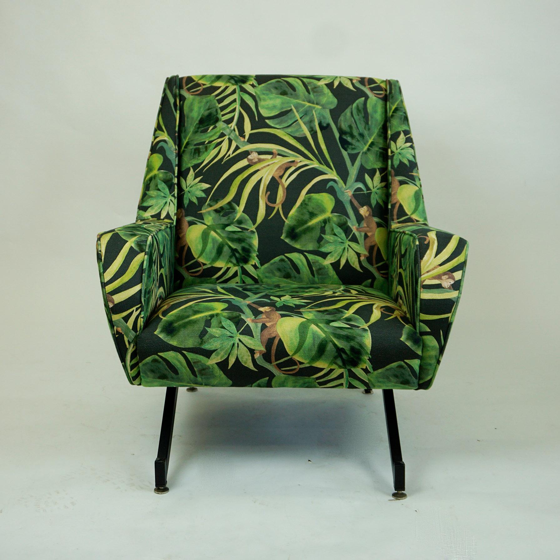 Lacquered Italian Midcentury Black Metal and Green Floral and Ape Fabric Armchair