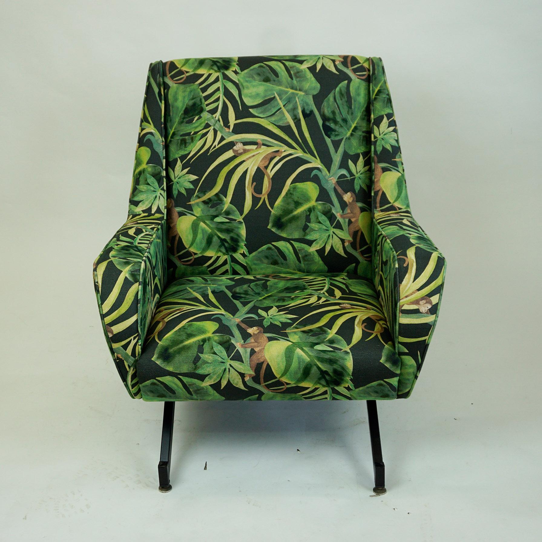 Italian Midcentury Black Metal and Green Floral and Ape Fabric Armchair In Good Condition In Vienna, AT