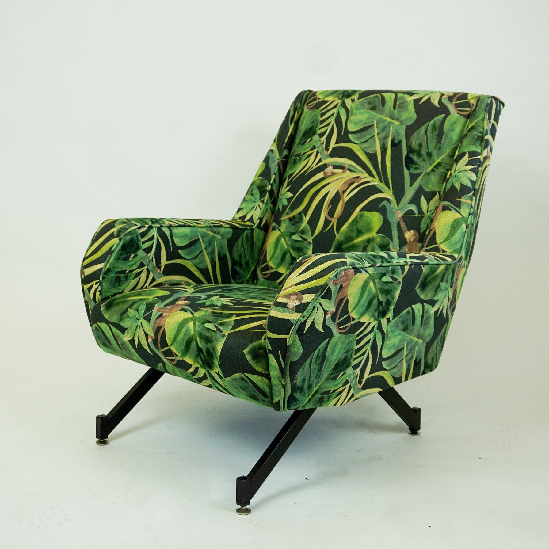 Mid-20th Century Italian Midcentury Black Metal and Green Floral and Ape Fabric Armchair