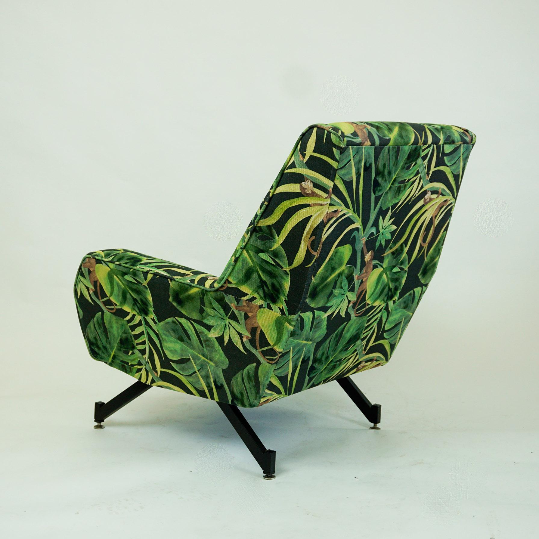 Italian Midcentury Black Metal and Green Floral and Ape Fabric Armchair 1