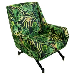 Italian Midcentury Black Metal and Green Floral and Ape Fabric Armchair