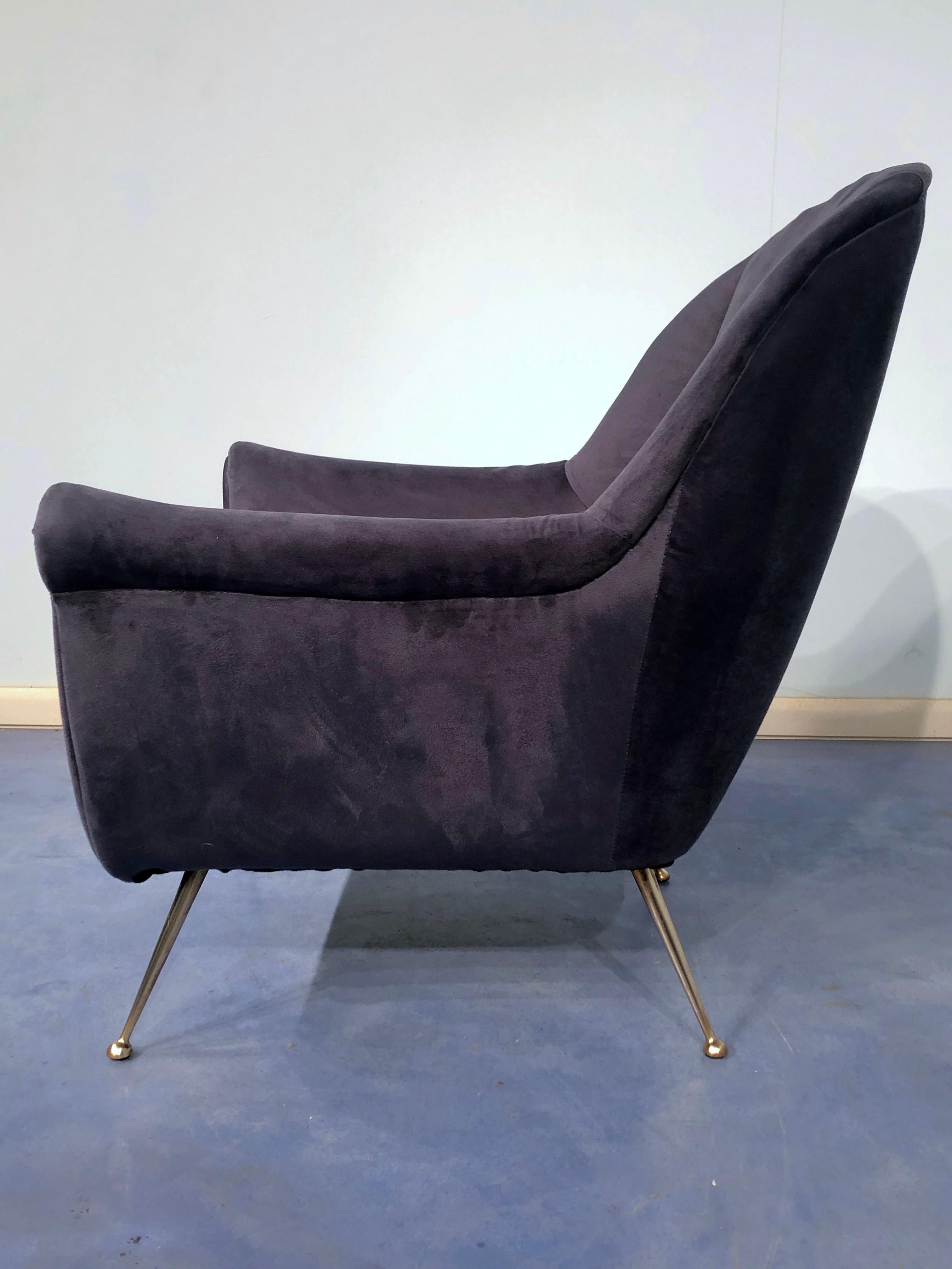 Pair of Italian Midcentury Midnight Blue Velvet Armchairs, Gio Ponti Style 1950s For Sale 7