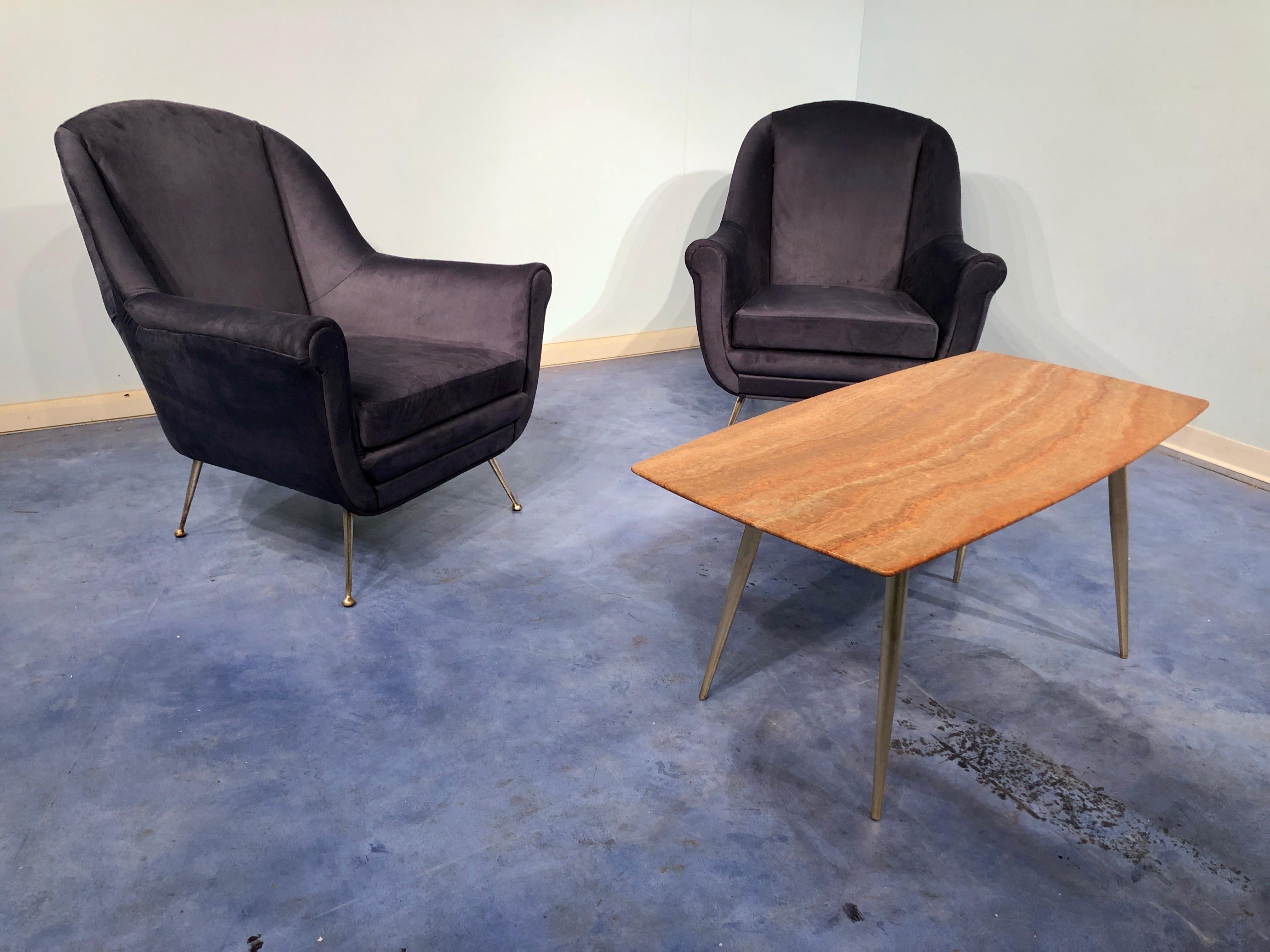 Pair of Italian Midcentury Midnight Blue Velvet Armchairs, Gio Ponti Style 1950s For Sale 14