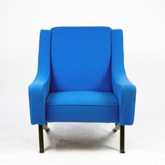 Italian Midcentury Blue Wool Fabric and black Steel Lounge Armchair
