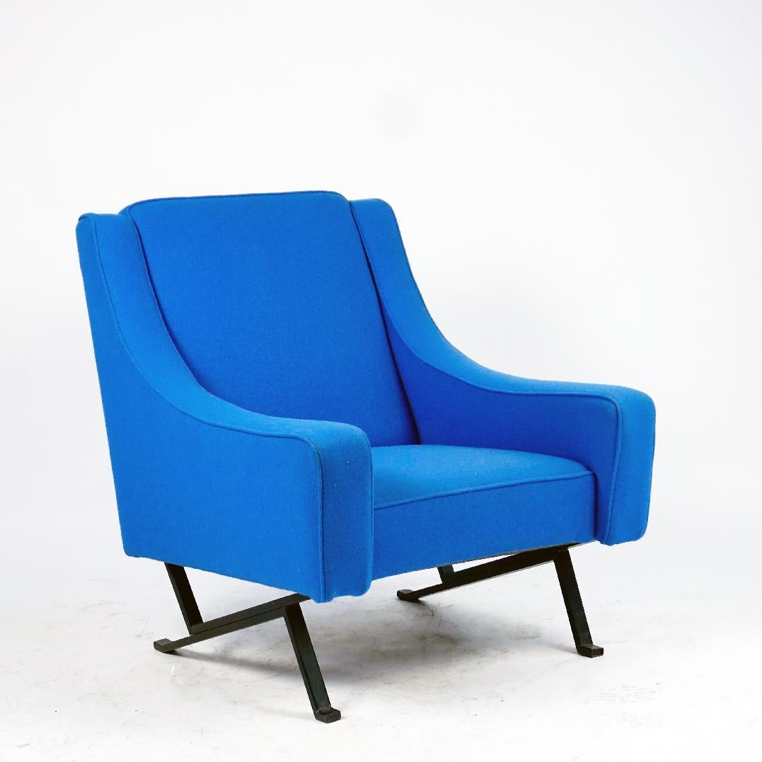 Lacquered Italian Midcentury Blue Wool Fabric and black Steel Lounge Armchair