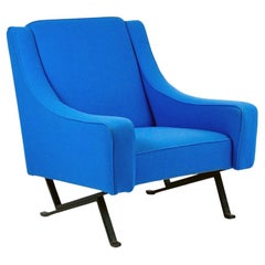 Italian Midcentury Blue Wool Fabric and black Steel Lounge Armchair