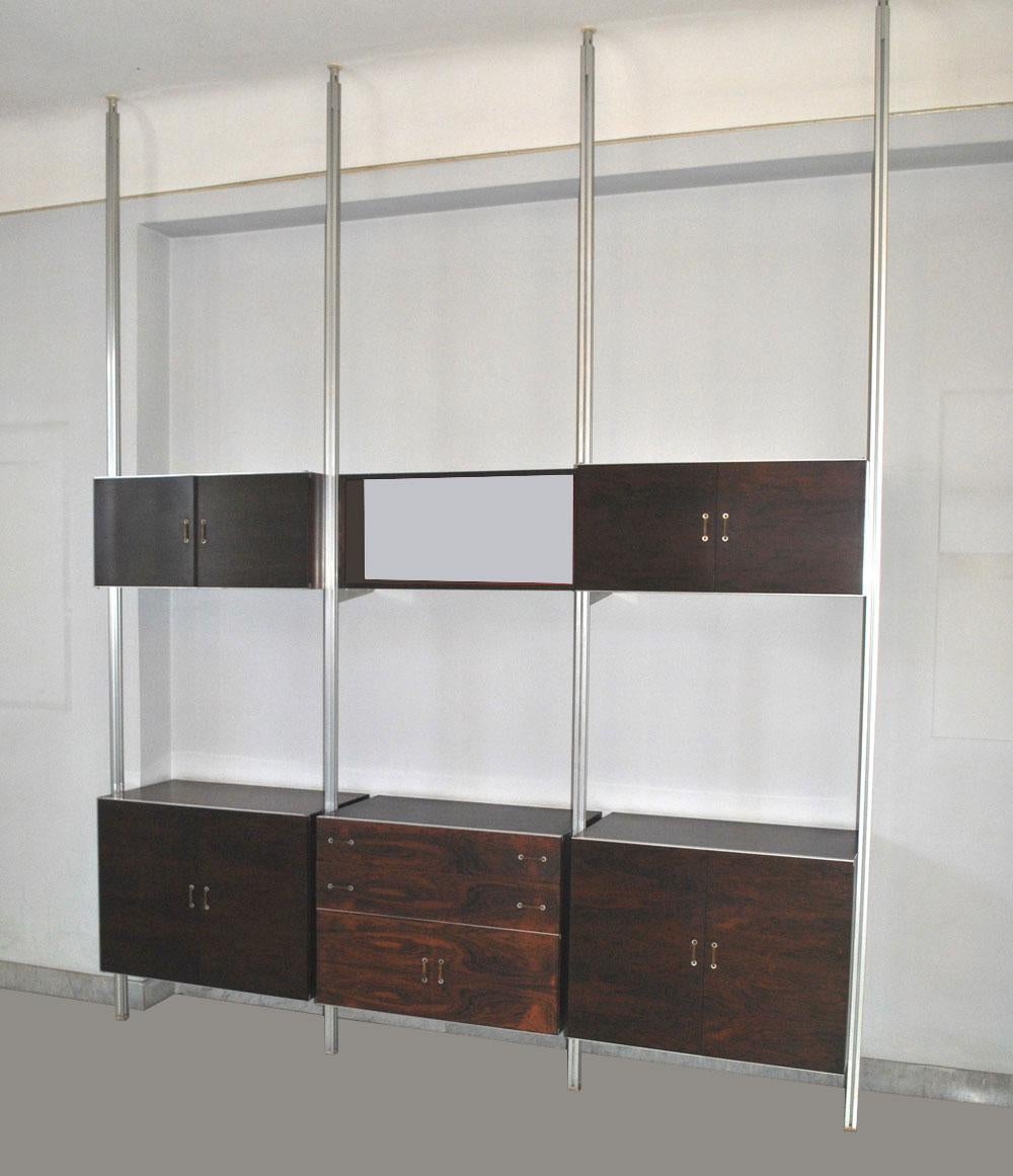 Mid-Century Modern Italian Midcentury Bookcase in Wood and Aluminium Late 1960s in a Style of Tecno