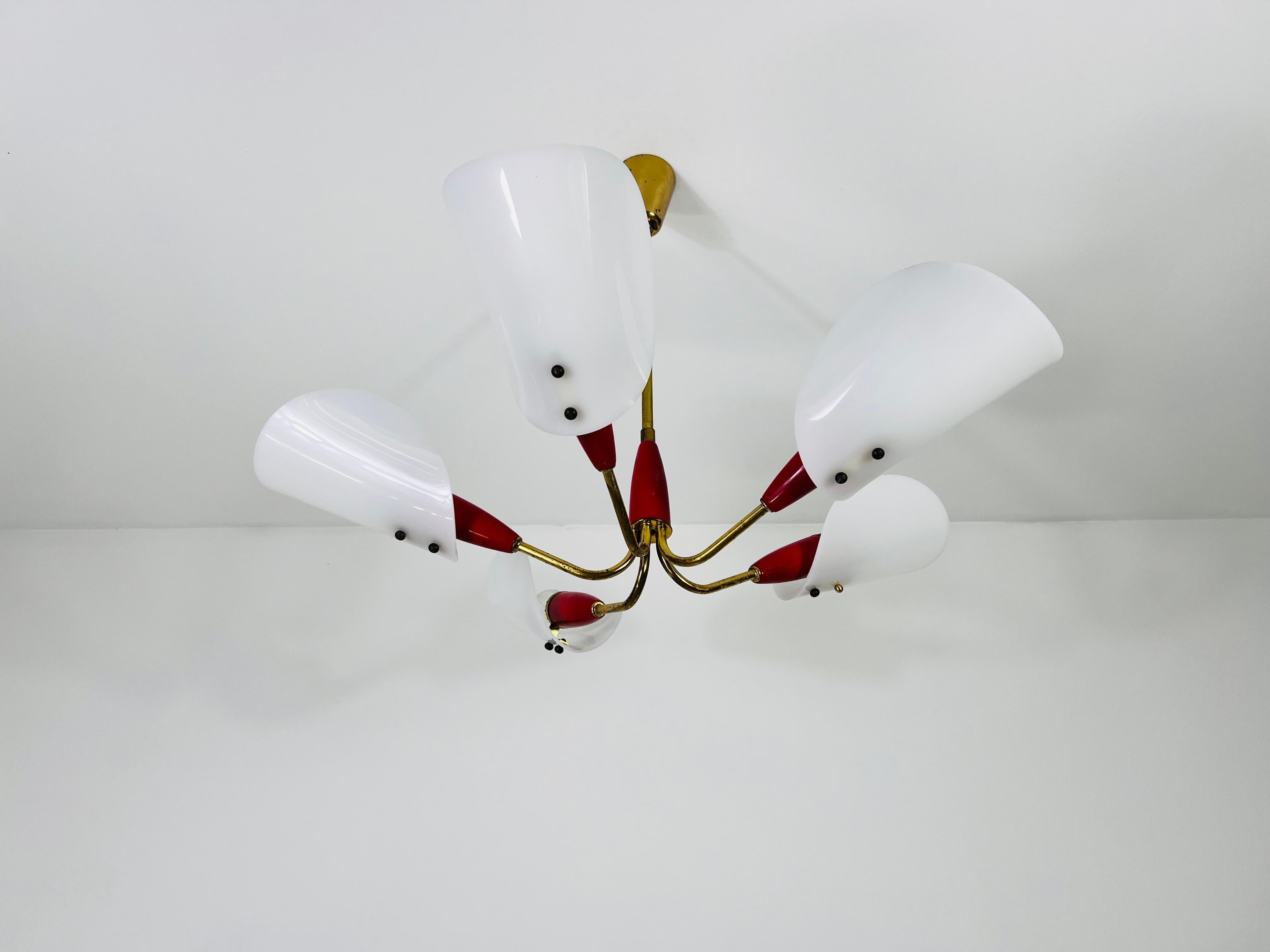 Mid-20th Century Italian Midcentury Brass 5-Arm Sputnik Chandelier, 1950s For Sale