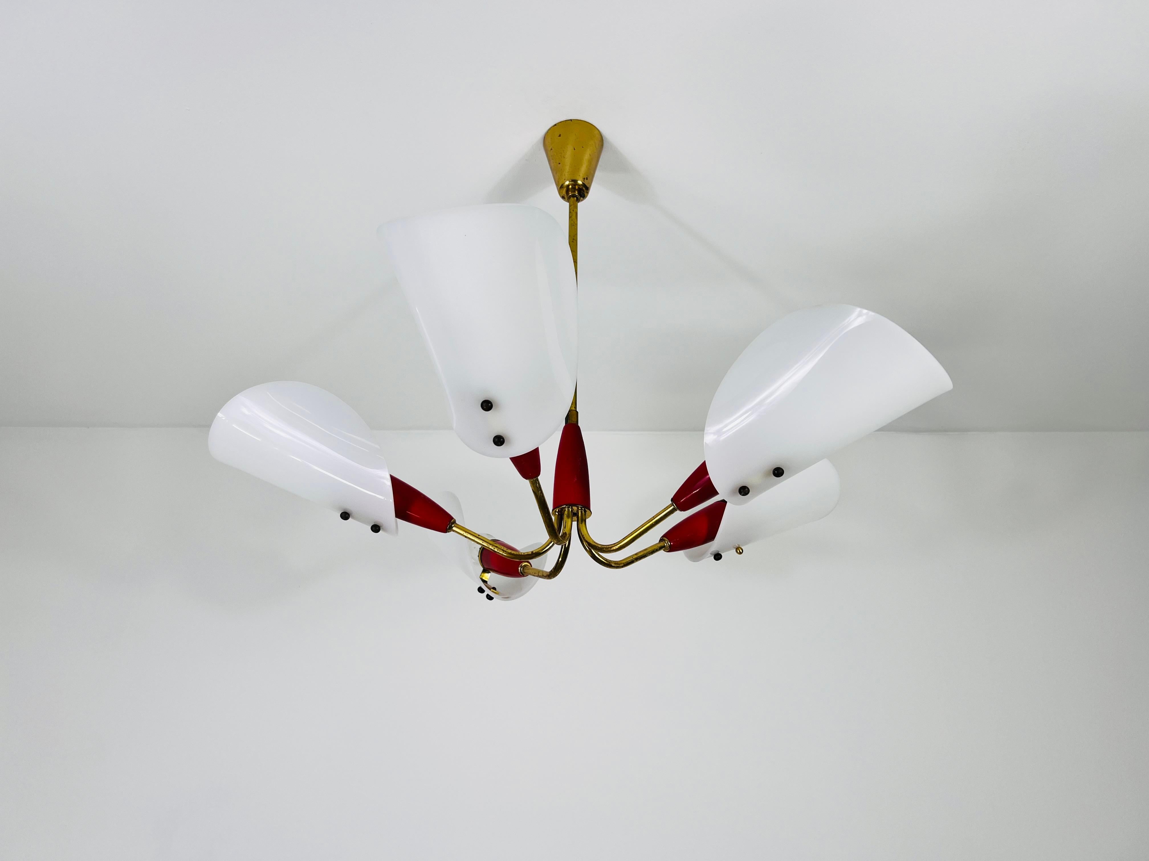 Metal Italian Midcentury Brass 5-Arm Sputnik Chandelier, 1950s For Sale
