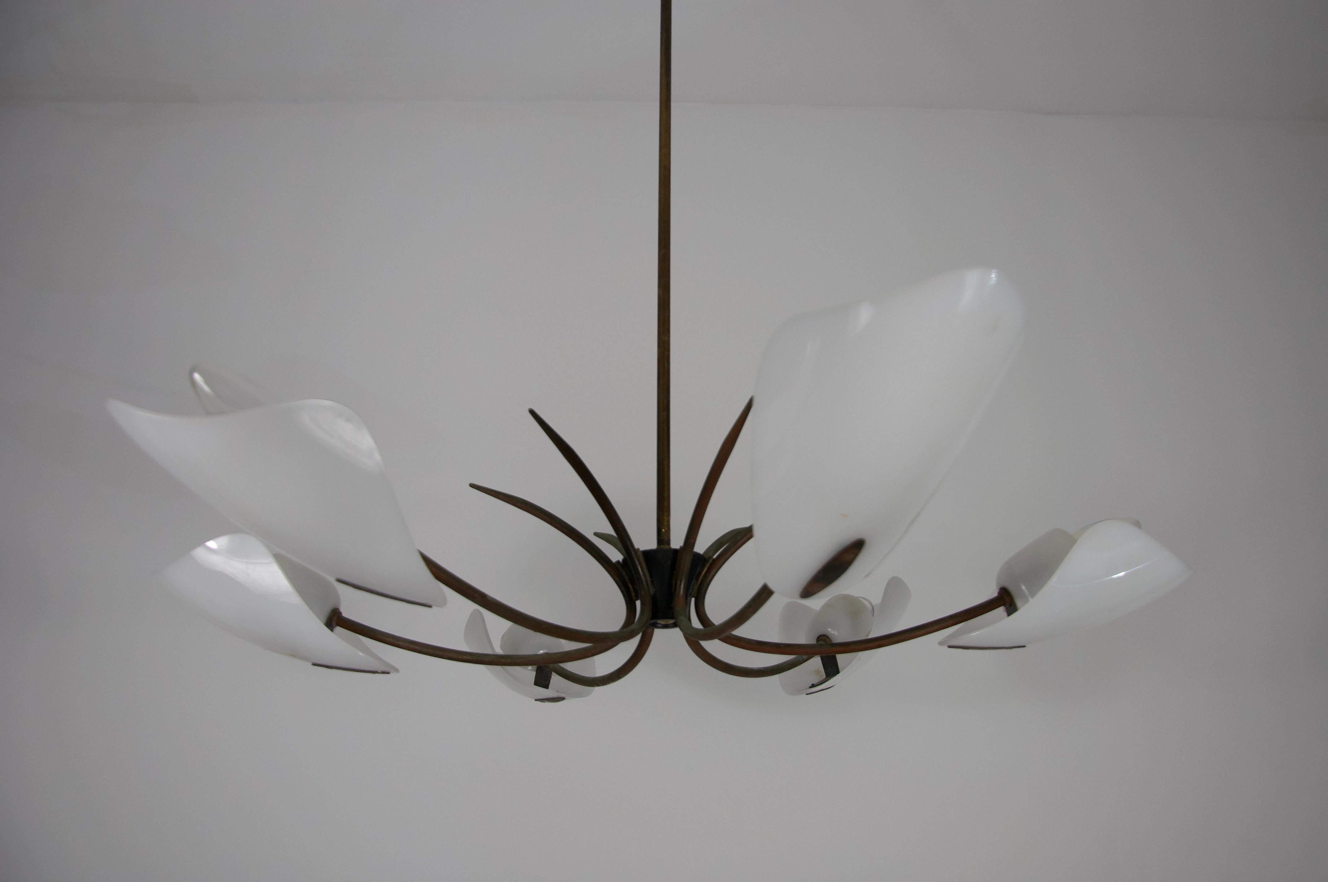 Metal Italian Midcentury Brass 6-Arm Sputnik Chandelier, 1950s For Sale
