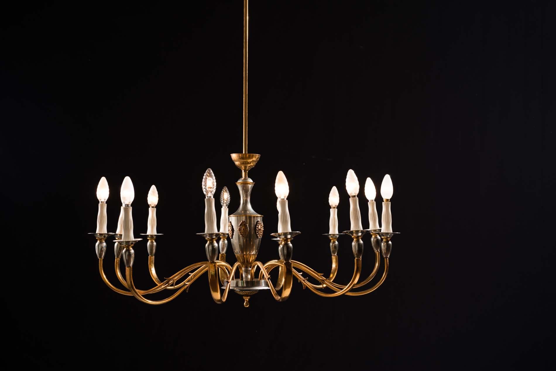 Italian Midcentury Brass and Chrome Chandelier, 1950s 5