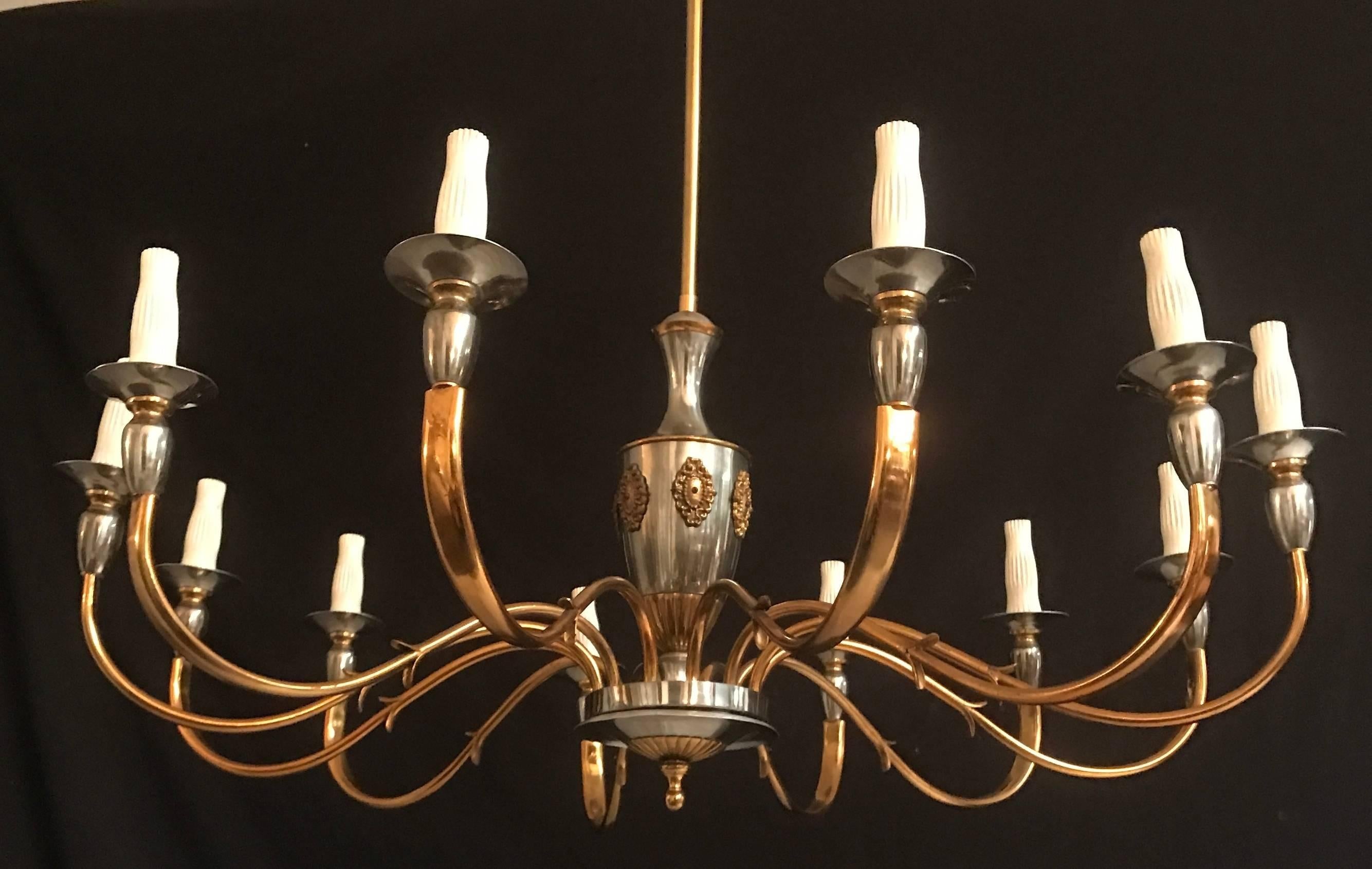 Italian Midcentury Brass and Chrome Chandelier, 1950s In Excellent Condition In Rome, IT
