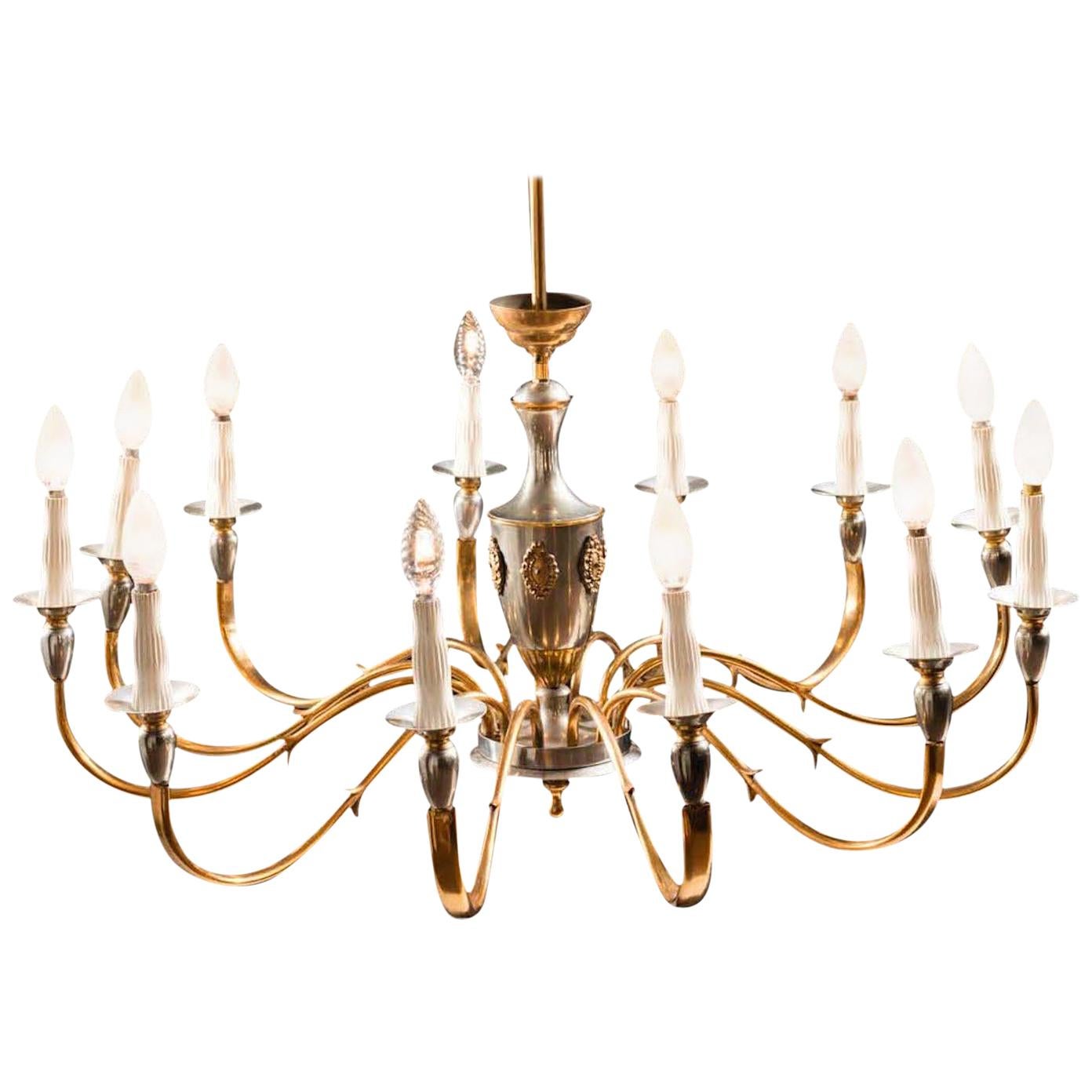 Italian Midcentury Brass and Chrome Chandelier, 1950s