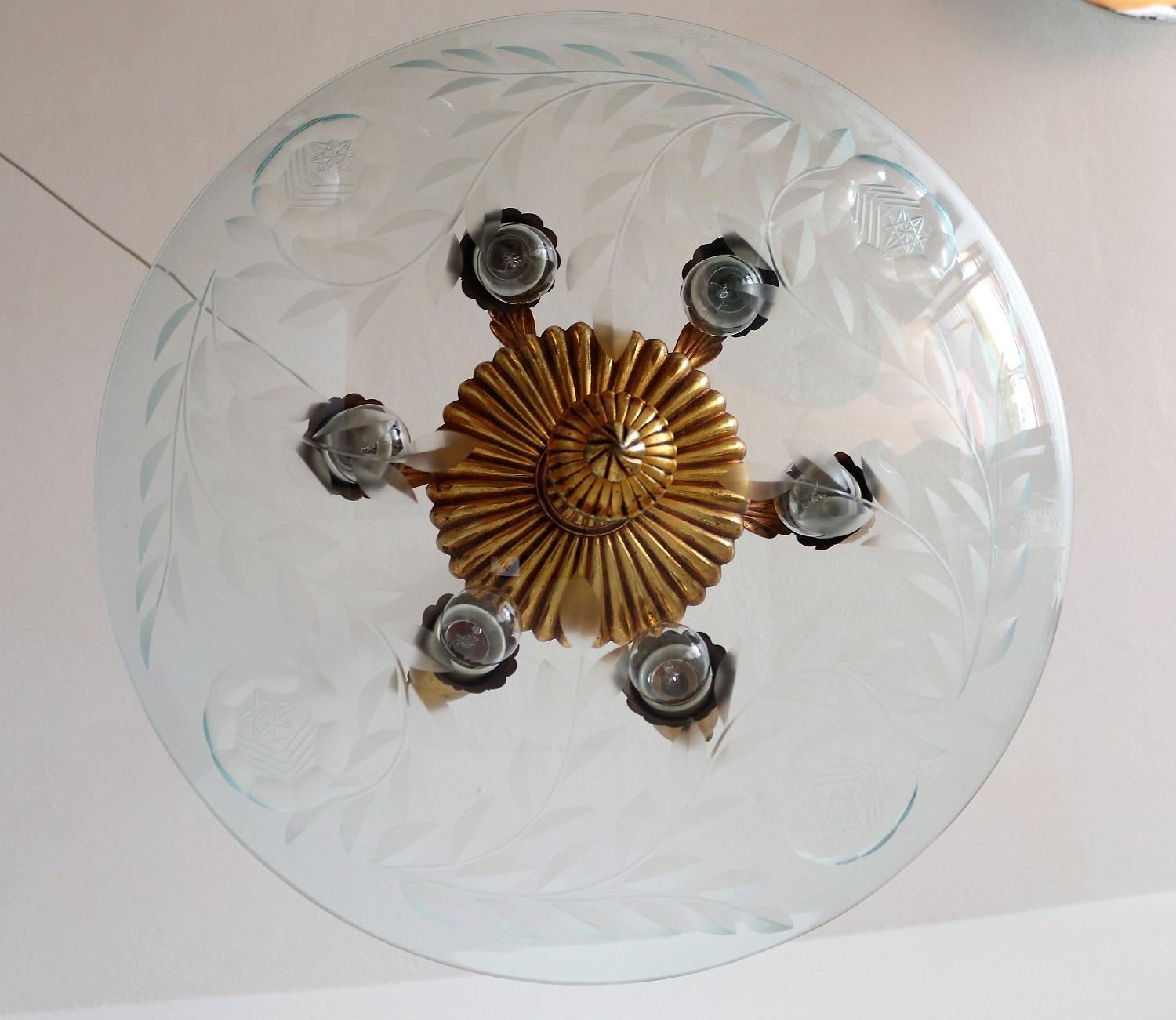 Italian Midcentury Brass and Crystal Glass Chandelier, 1950s For Sale 1