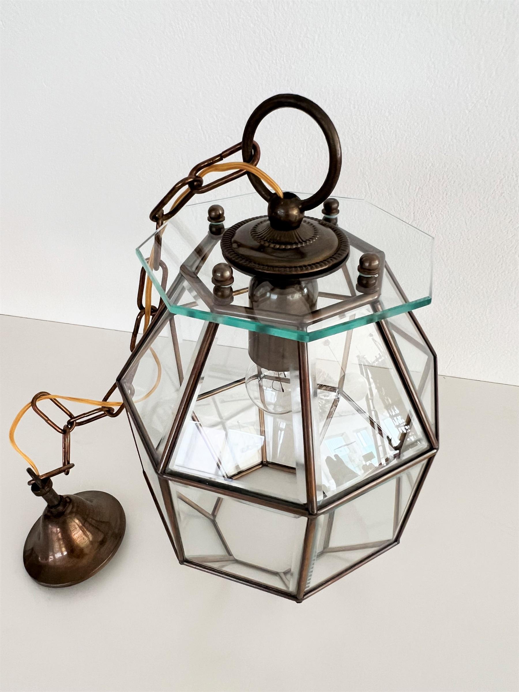 Italian Midcentury Brass and Cut Glass Lantern or Pendant Lamp, 1950s 5